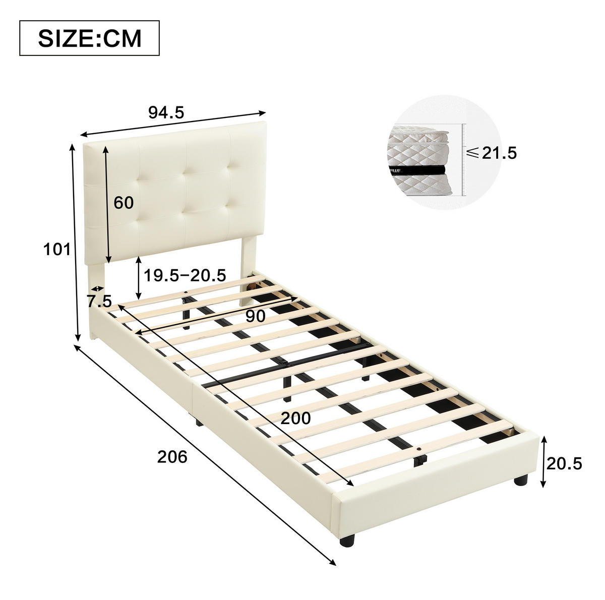 POLSTERBETT 90/200 cm Beige aus PU mit keksförmigem Kopfteil - Beige, Holzwerkstoff (90/200cm) - OKMYHOME