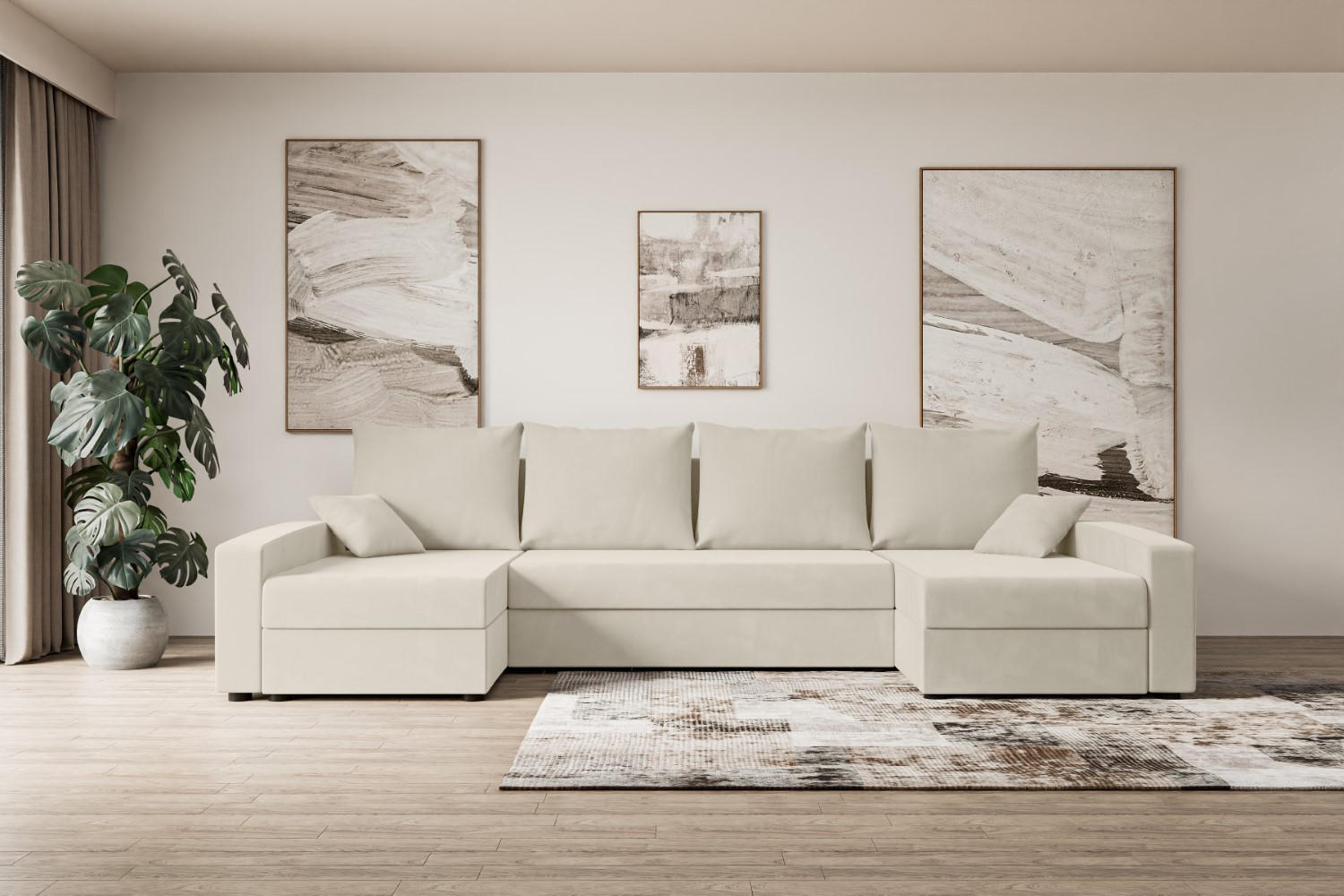 WOHNLANDSCHAFT mit Schlaffunktion und Bettkasten ALESIA-U 301x140x90 cm Beige Velours - Beige/Silberfarben, Holzwerkstoff/Kunststoff (301/90/140cm) - ALTDECOR