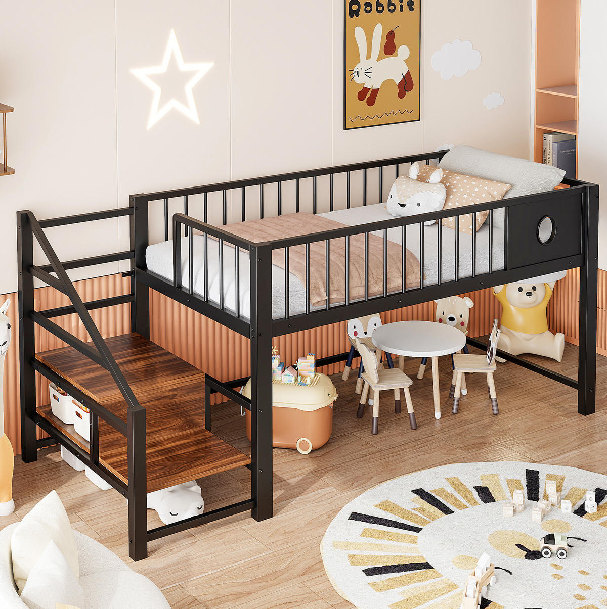 KINDERHOCHBETT 90/200 cm Schwarz aus Metall mit Stauraumleiter ohne Matratze - Schwarz, Metall (90/200cm) - MIVRAY