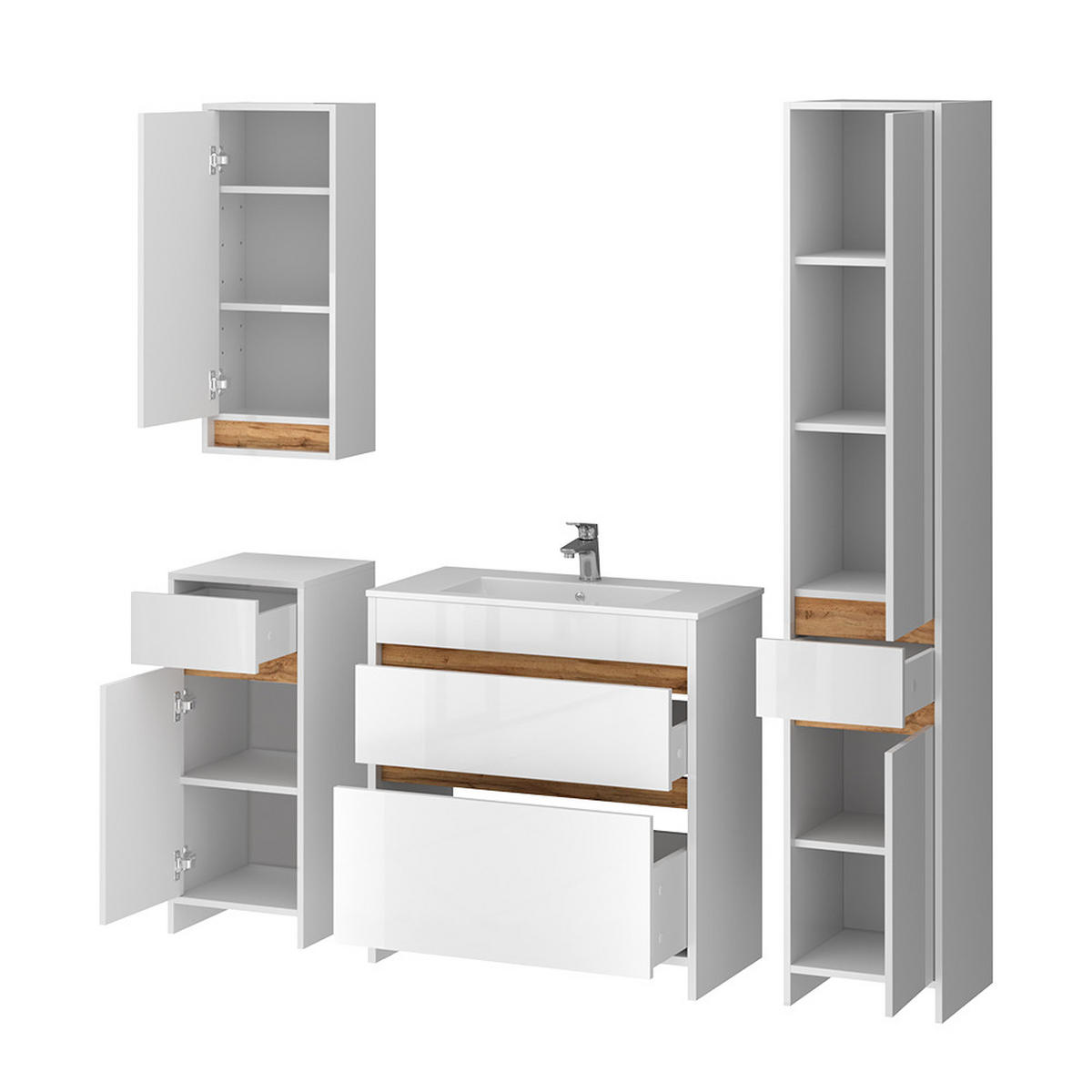 BADMÖBEL-SET Detmold Weiß Hochglanz/Goldkraft Eiche 5er-Set - Honigeiche/Weiß Hochglanz, Holzwerkstoff (79.8/81.9/40cm) - Vicco