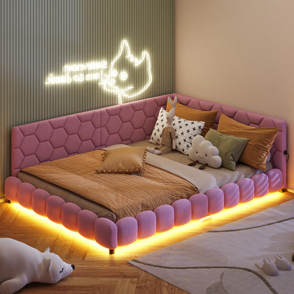 POLSTERBETT 140x200 cm, Rosa, LED-Beleuchtung und USB-Anschluss, Tagesbett Schlafsofa - Rosa, Textil/Metall (140/200cm)