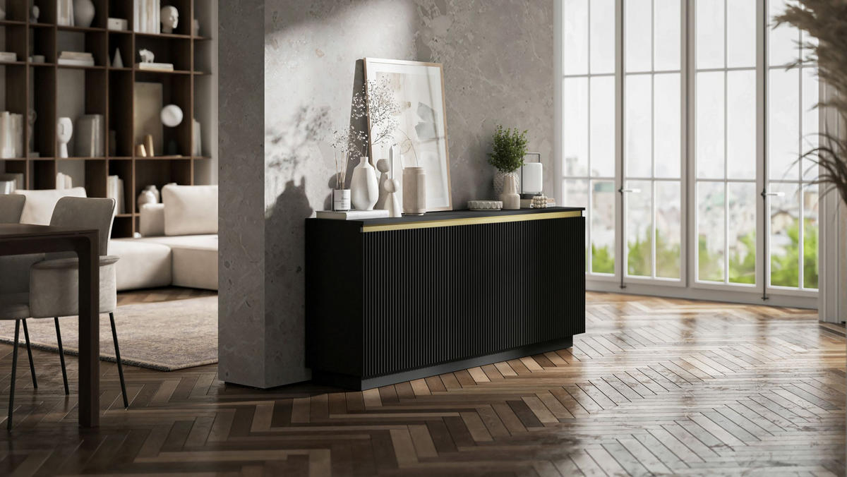 KOMMODE Selene 3D Schwarz Matt Glamour 167 cm - Schwarz, Holzwerkstoff (166.8/71.4/35cm) - Meble Lindner