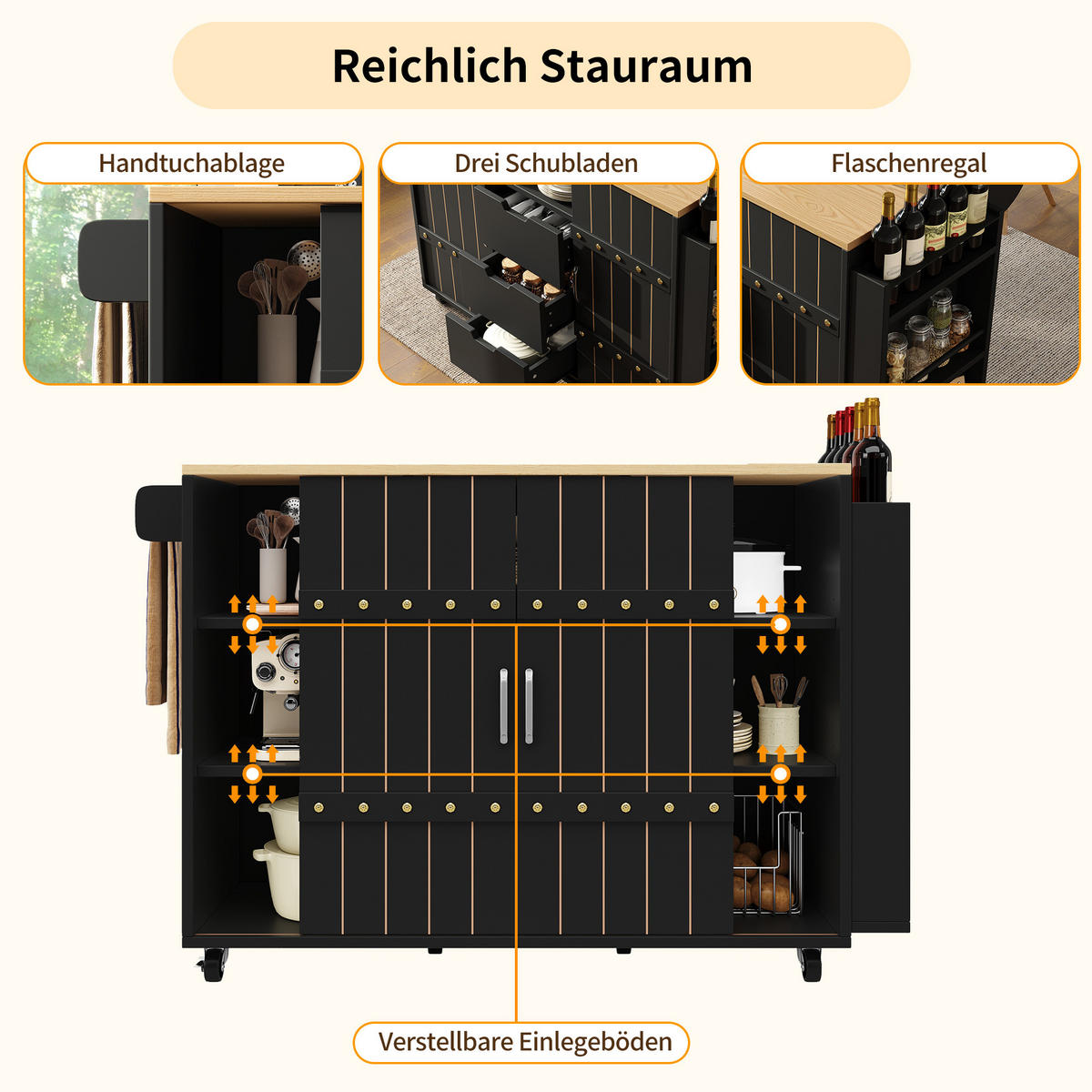 KÜCHENINSEL in Schwarz Küchenwagen mit Holzmaserung, Rollen, Arbeitsplatte,Gewürzregal und Handtuchhalter,B110/T42/H90cm - Schwarz, Holzwerkstoff/Metall (110/90/42cm) - STILVORA