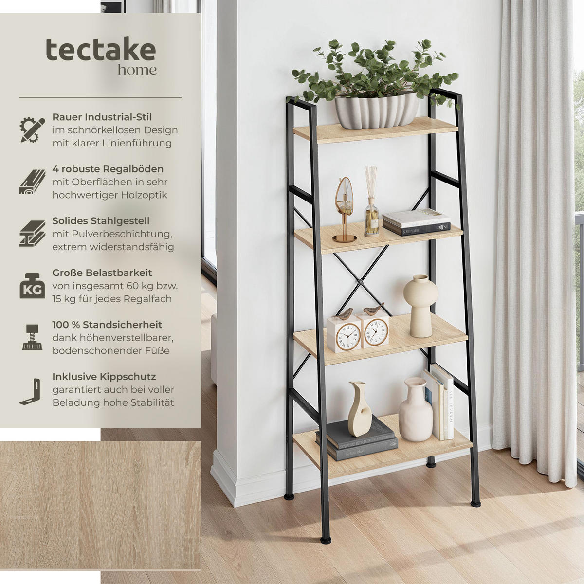 LEITERREGAL Liverpool,inklusive Kippschutz, 61,5 x 36,5 x 150 cm,Industrial Holz hell, Eiche Sonoma - Naturfarben, Holz (36.5/150/61.5cm) - tectake