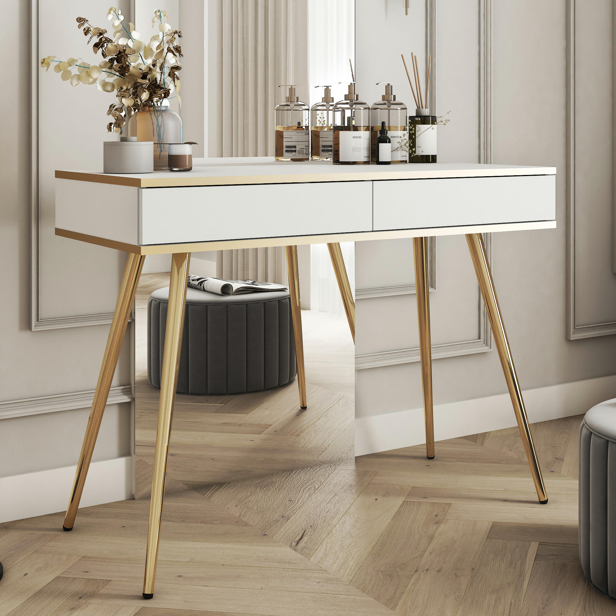 SCHMINKTISCH BANFF TOA1-2S Goldene Metallbeine, Weiß - Weiß, Holzwerkstoff/Kunststoff (102/80/50cm) - Komodee