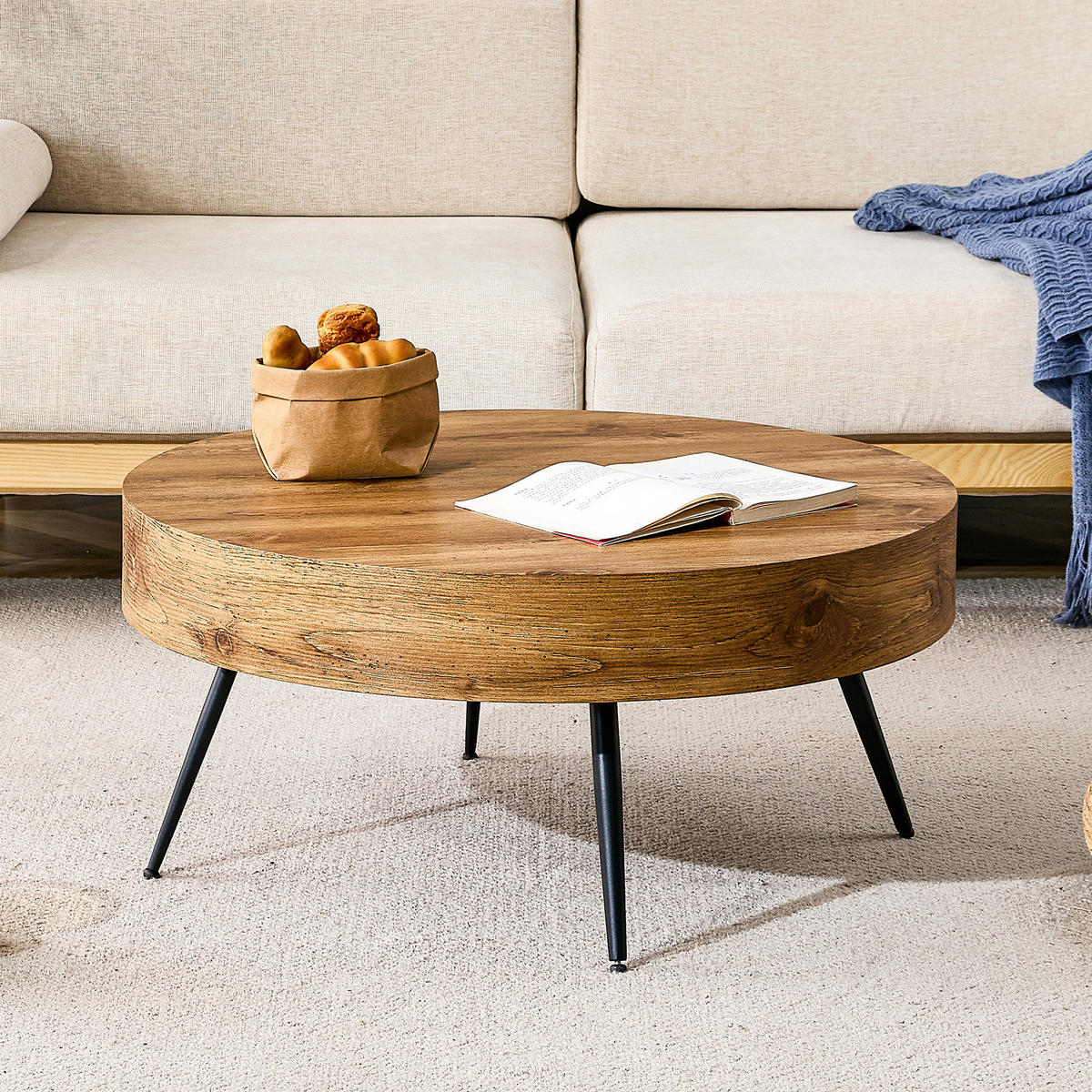 COUCHTISCH in Schwarz und Naturfarbe Wohnzimmertisch mit Holzoptik für Wohnzimmer, B70/T70/H35.5 cm - Schwarz/Naturfarben, Holzwerkstoff/Metall (70/70/35.5cm) - STILVORA