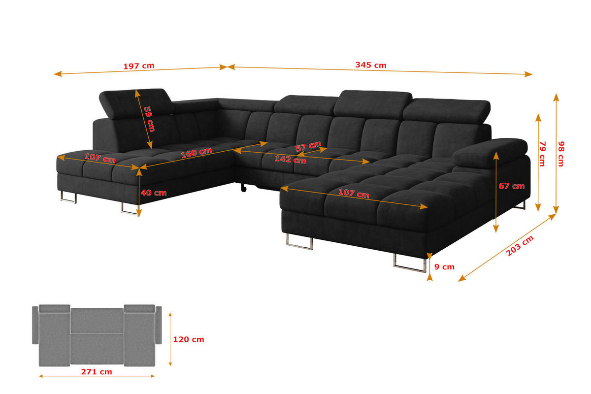 WOHNLANDSCHAFT mit Schlaffunktion und Bettkasten Ottomane Links COMA U 345x203x79 Schwarz Velours - Schwarz, Holzwerkstoff/Textil (345/79/203cm) - ALTDECOR