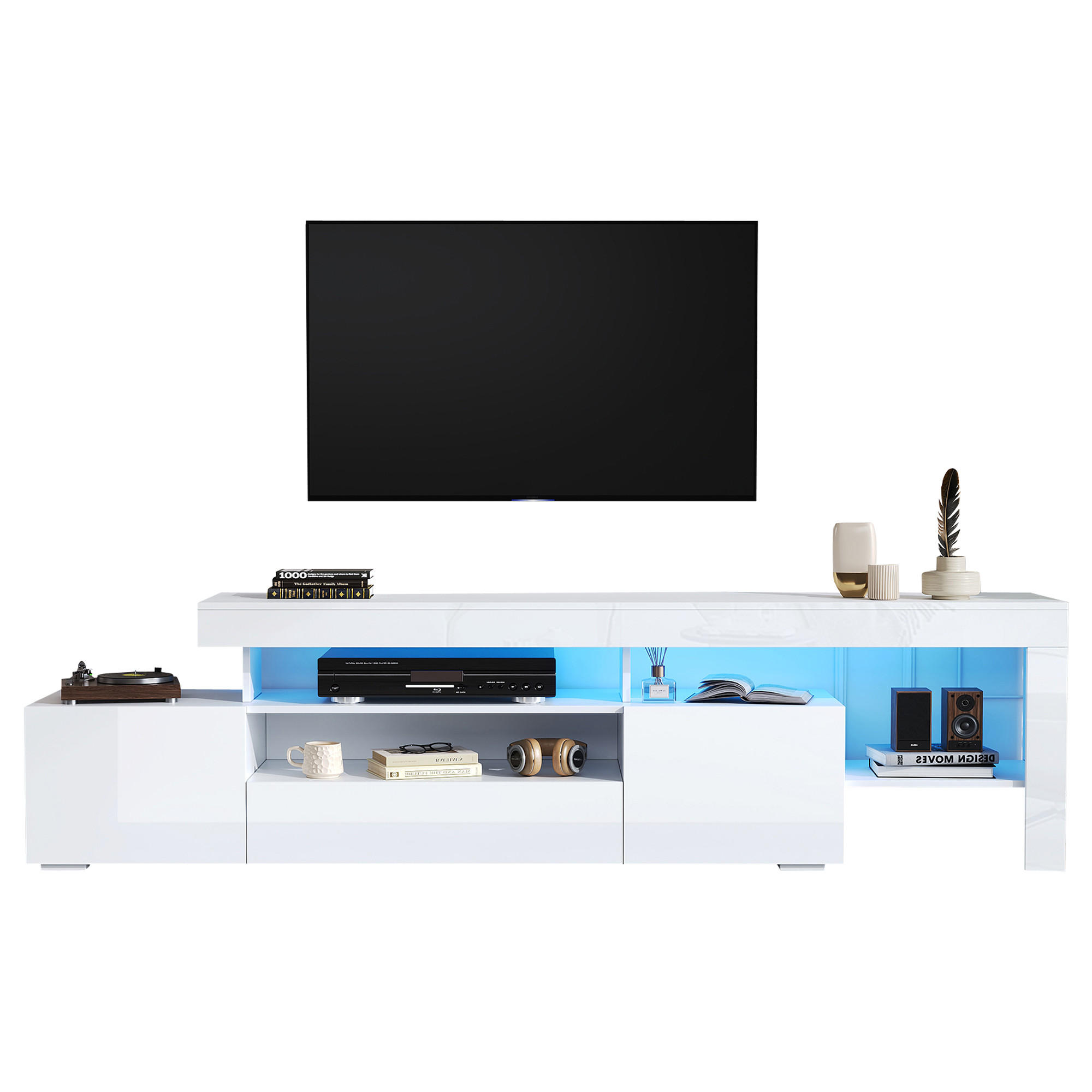 STILVORA TV stolek Bílý se 3 dvířky, LED osvětlením a vysokým leskem do obývacího pokoje, 192×37×53 cm