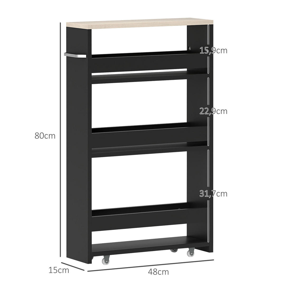 SERVIERWAGEN DE-12437 mit rollen 3 Ebenen 48/15/80 cm Schwarz - Schwarz, Holzwerkstoff (15/80/48cm) - ComfortXL
