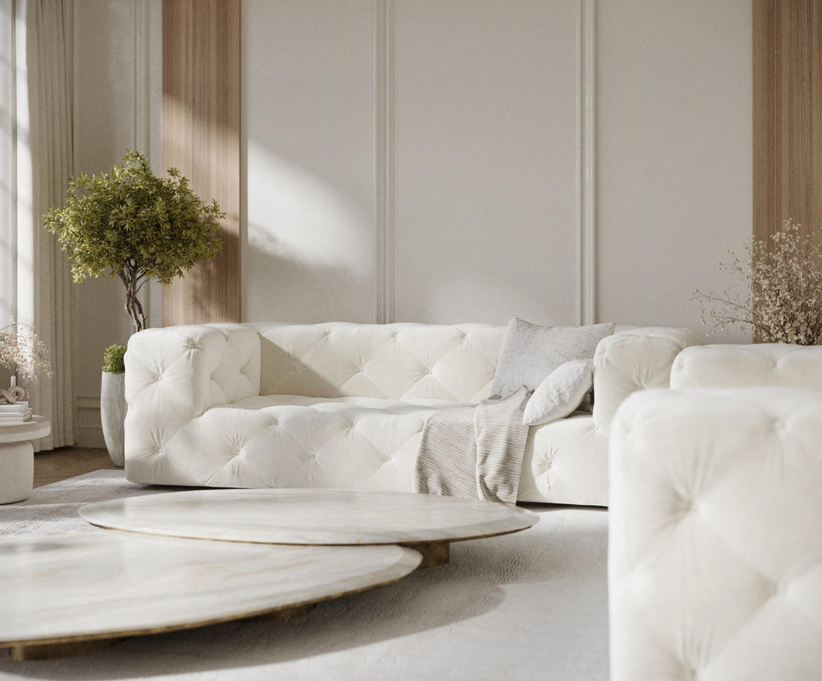 3-SITZER-SOFA Cosimo Creme Samtstoff - Creme/Schwarz, Holz/Holzwerkstoff (230/71/100cm) - Maison de Reve