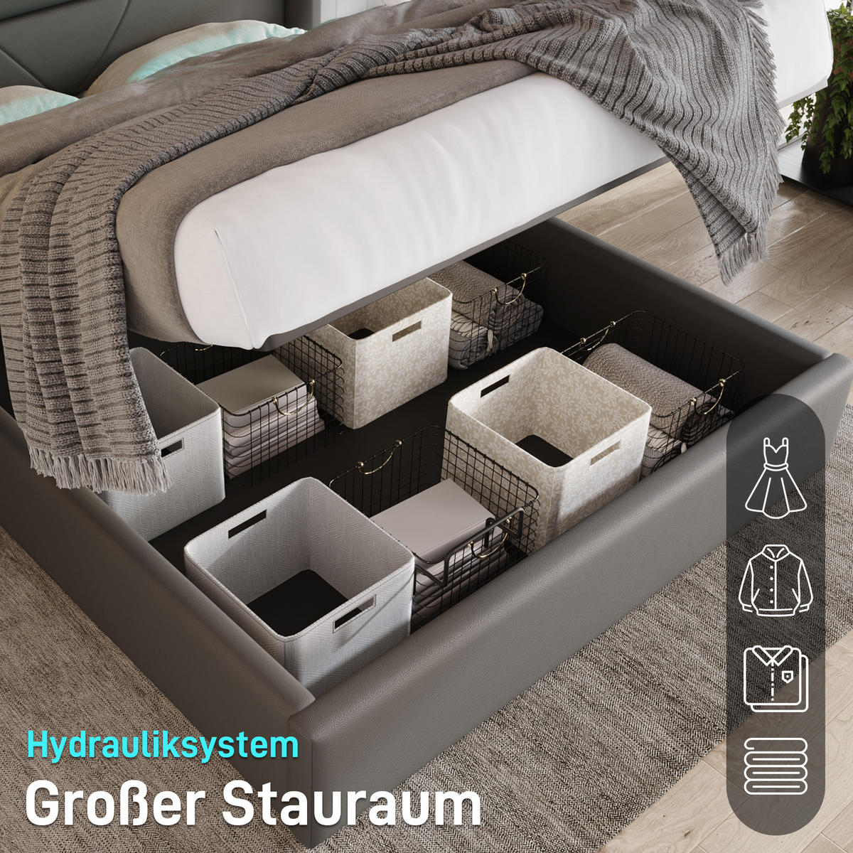 POLSTERBETT 160/200 cm mit hydraulischem Bettkasten & LED-Kopfteil, PU-Bezug, Grau - Grau, Kunststoff (160/200cm) - Redom