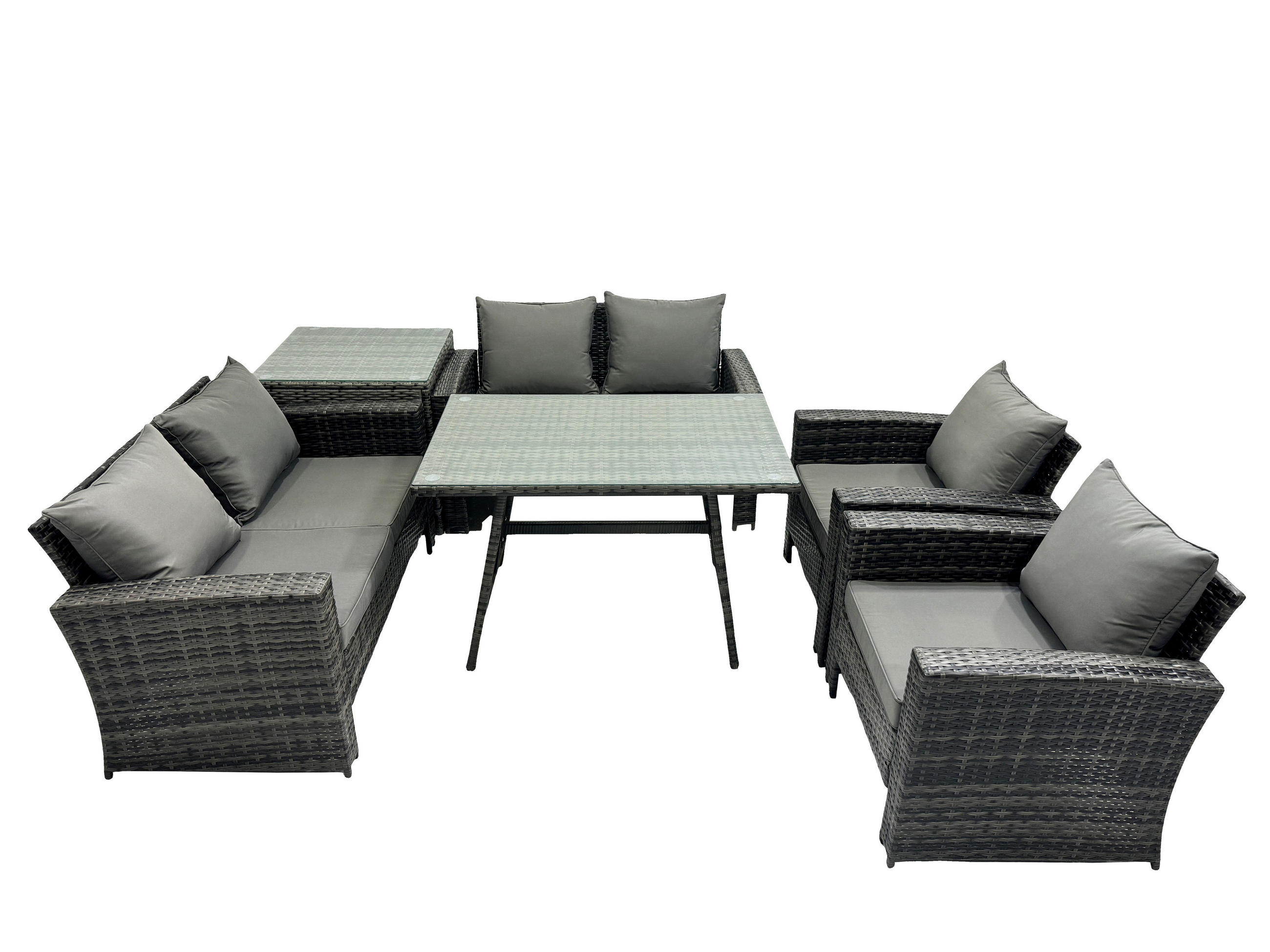 GARTENMÖBELSET mit ESSTISCH,HOCHLEHNER-SOFA Polyrattan Dunkelgrauer Mix 6-Sitzer - Dunkelgrau/Grau, Glas/Kunststoff - Fimous