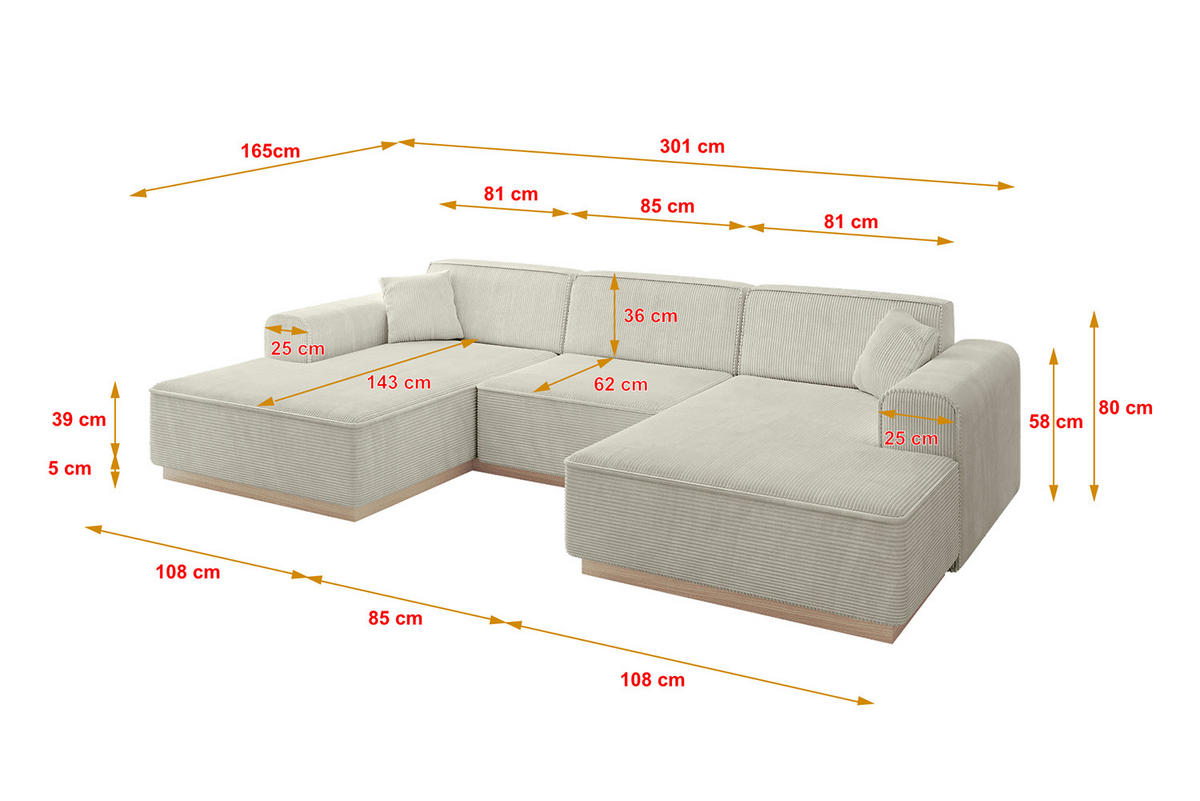 WOHNLANDSCHAFT IREA-U1 - 301x165x80 cm Hellgrau - Ecru/Creme, Holzwerkstoff/Textil (301/80/165cm) - ALTDECOR
