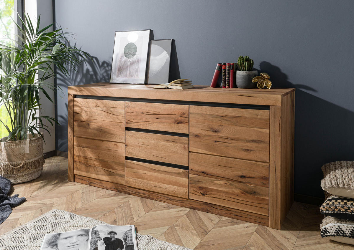 SIDEBOARD Wildeiche / Zerreiche 185x43x80 natur geölt MONTREUX #155 - Braun, Holz (185/80/43cm) - Massivmoebel24
