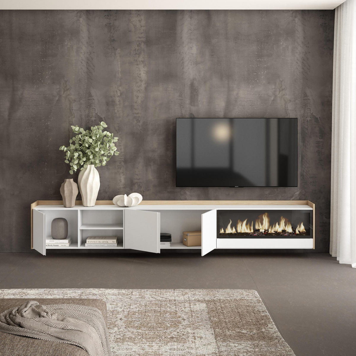 LOWBOARD, Weiß und Eiche, 315/35/50cm, Kamin mit Feuereffekt XXL - Weiß, Holzwerkstoff (315/50/35cm) - Skraut Home