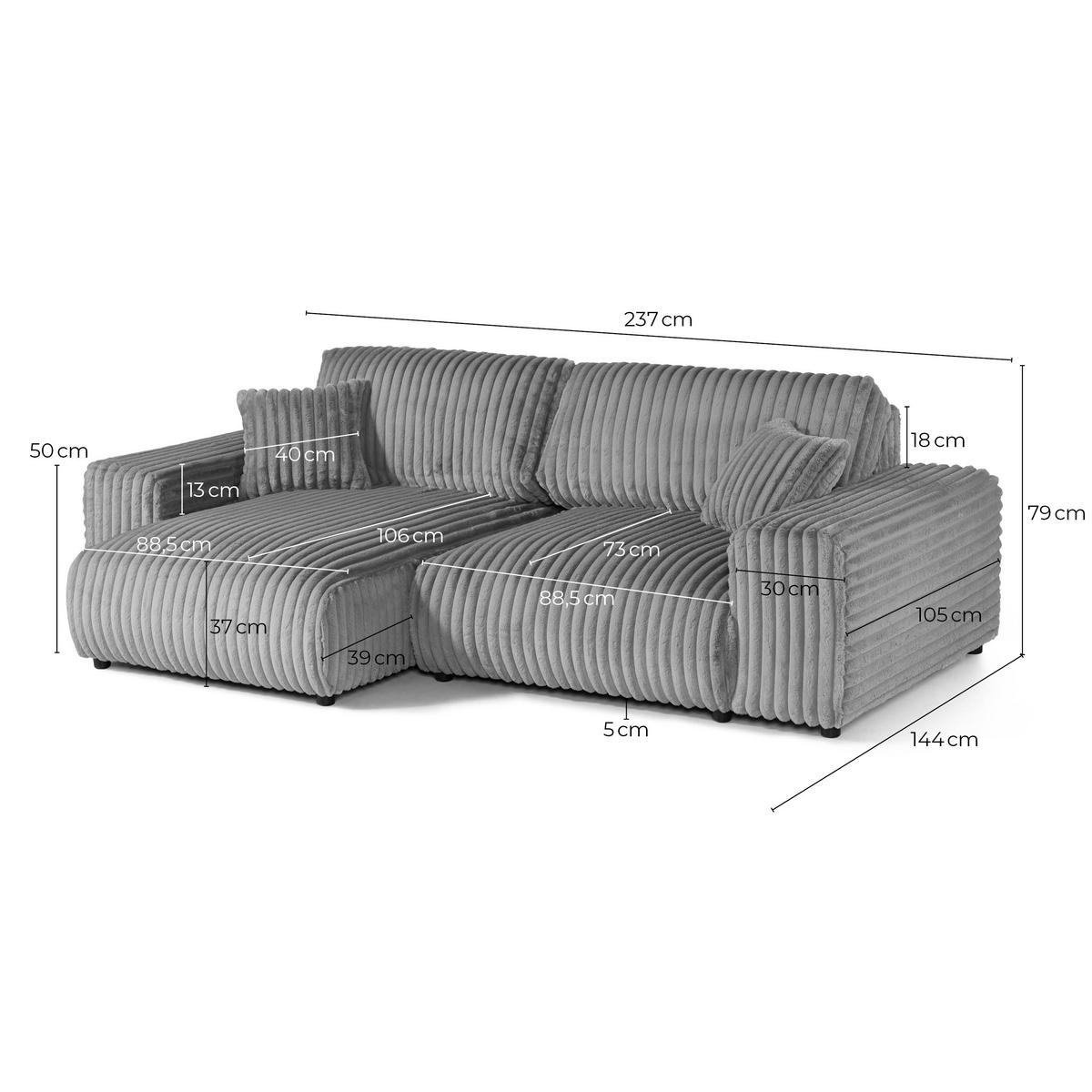 ECKSOFA Cord Velours 237x144x79 grau PAULINA - Grau, Kunststoff (237/144cm) - Massivmoebel24