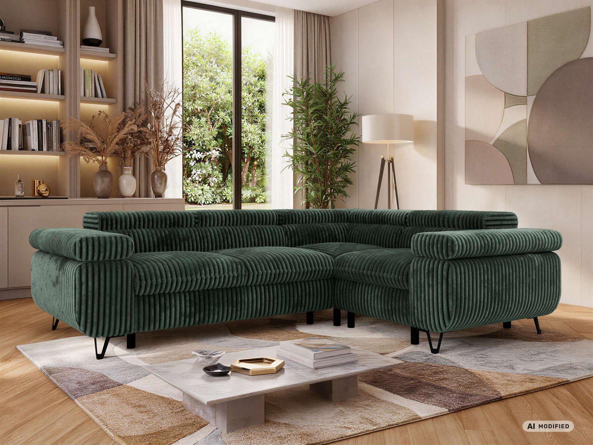 ECKSOFA ORSO L Dunkelgrün Cord - Rechts Seite - Dunkelgrün/Schwarz, Textil/Metall (268/197cm) - MKS