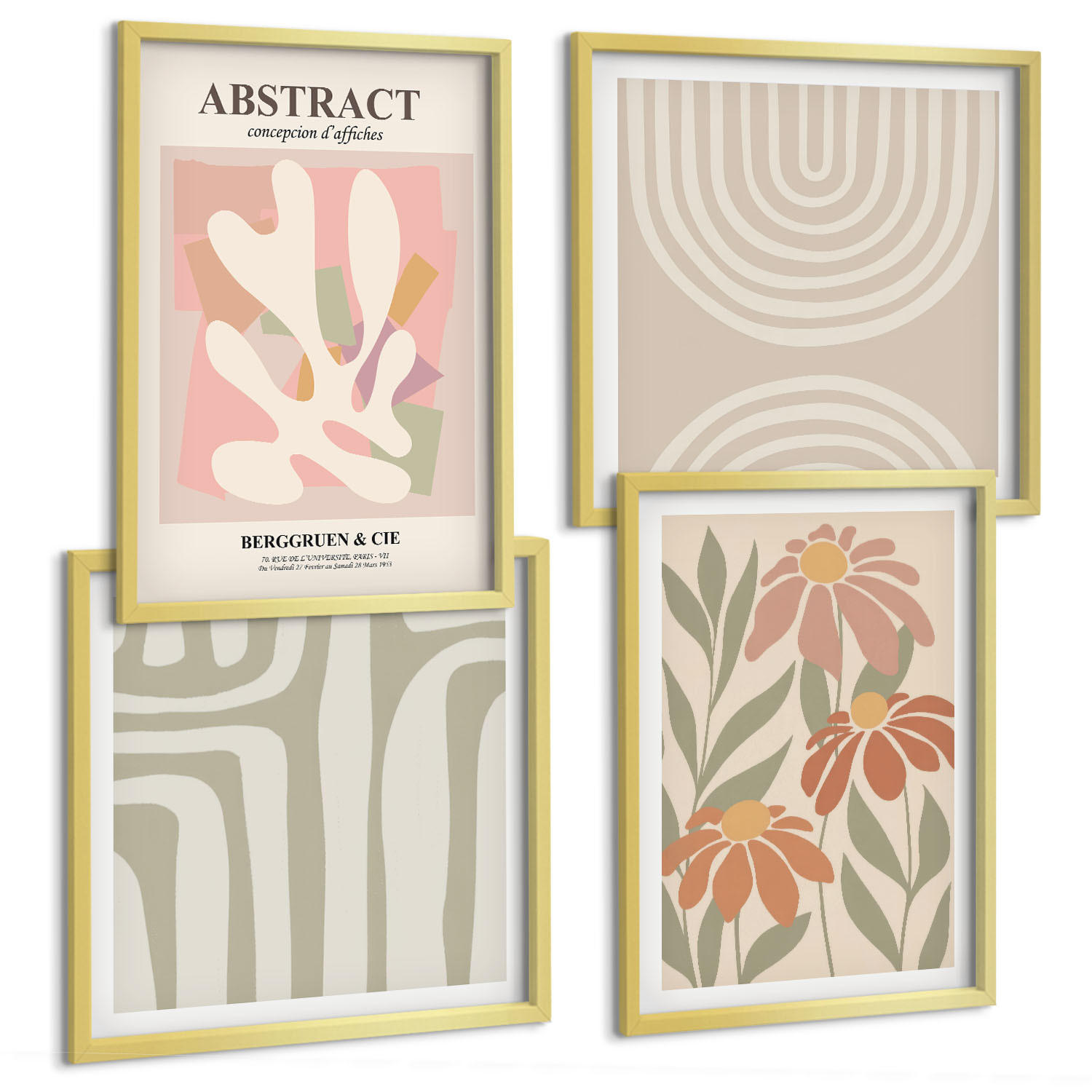 BILDER SET 4er Set - 50x50 cm & 40x60 cm Goldrahmen - Abstrakte Pflanzenformen - Goldfarben, Kunststoff (50/50cm) - TULUP
