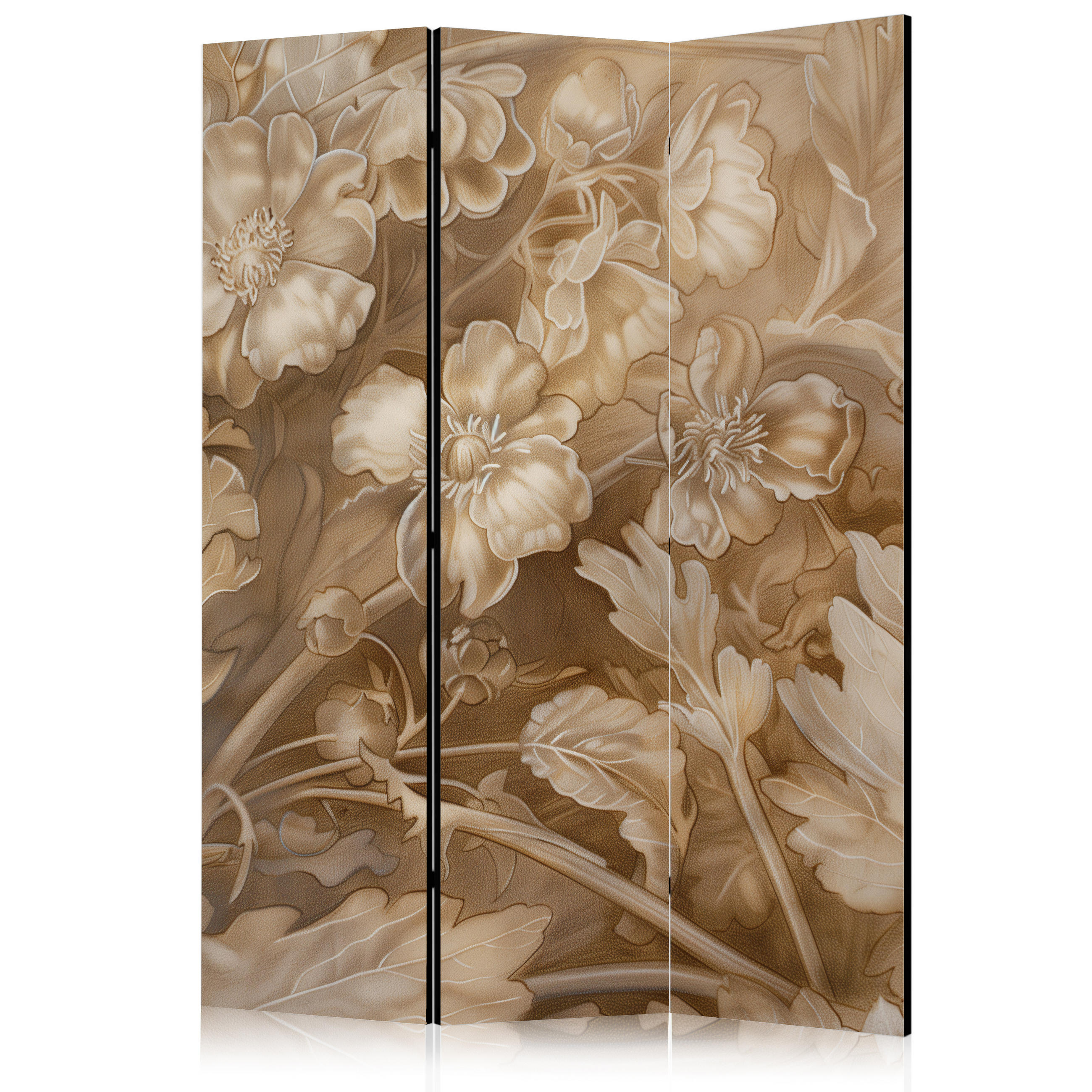 PARAVÁN Obojstranný Potlačený 3-dielny 135x172 cm Béžové Kvety Vintage - béžová, drevo/textil (135/172/3cm) - Muralo