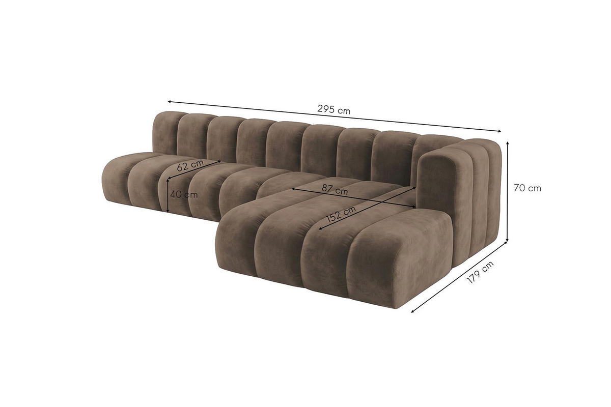 ECKSOFA Modulares In L-Form, Velvet-Stoff Riviera, Braun, Rechts, GRAND 295 cm - Braun, Holz (295/179cm) - Kaiser Möbel