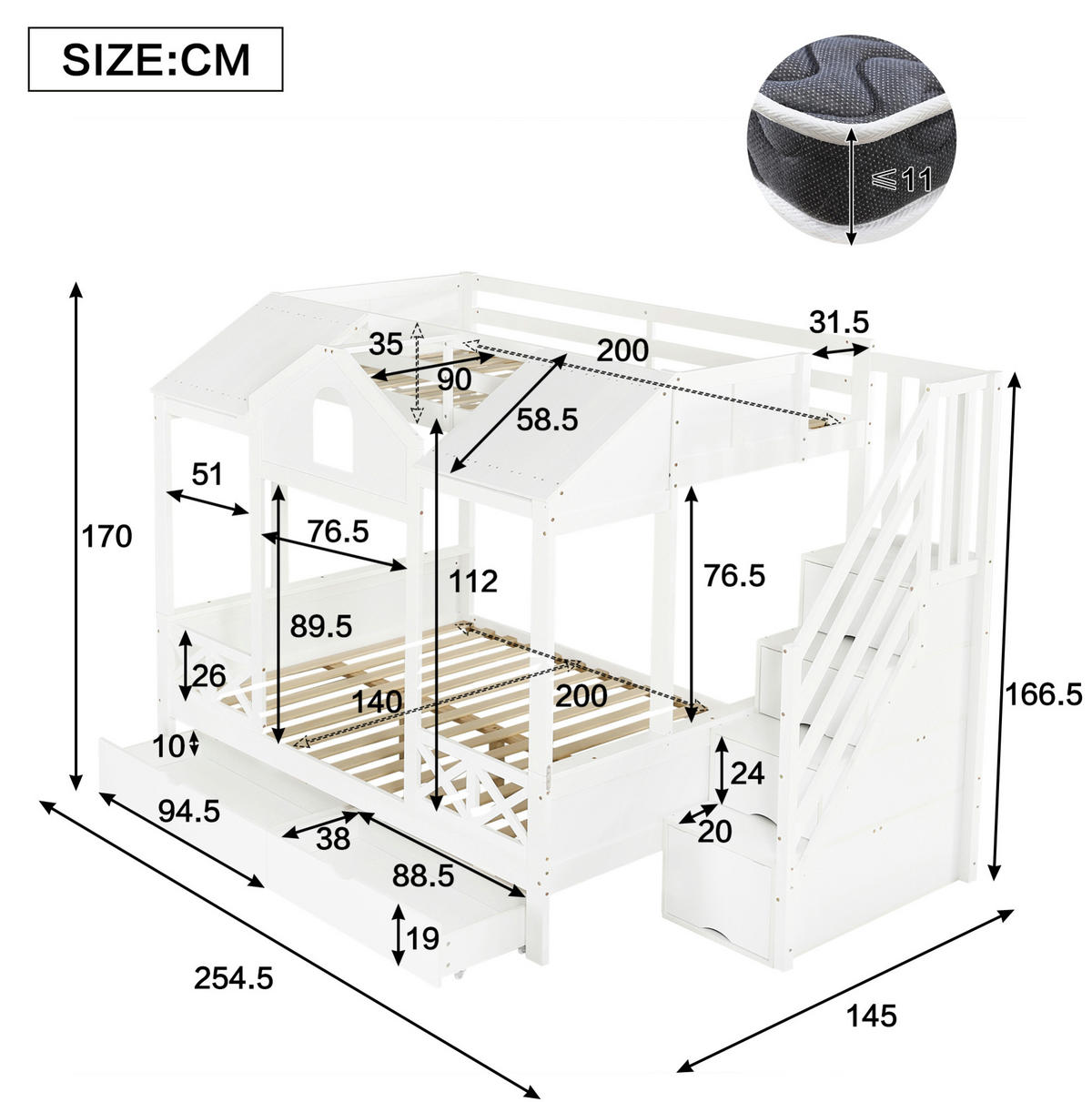 ETAGENBETT 90/200 & 140/200 cm aus Kiefer und MDF mit 2 Schubladen und Treppenschrank Weiß - Weiß, Holzwerkstoff (90/200cm) - Modenvie