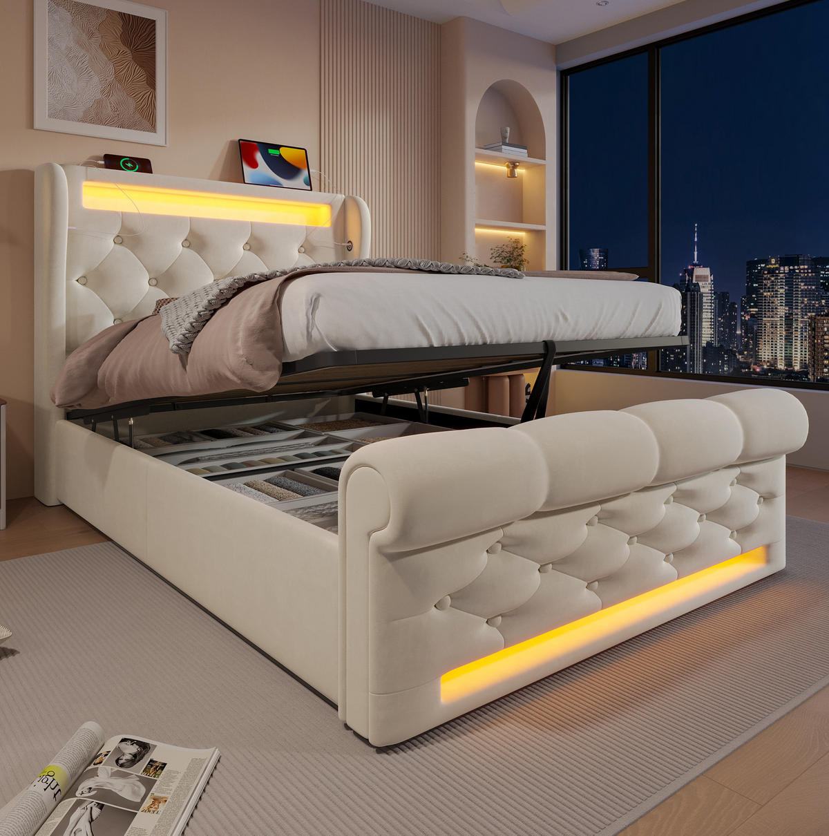 POLSTERBETT aus Samt 90x200 cm Beige mit LED-Beleuchtung, USB- und USB-C-Anschlüssen, hydraulischem Bettkasten - Beige, Textil (90/200cm) - IVMEU