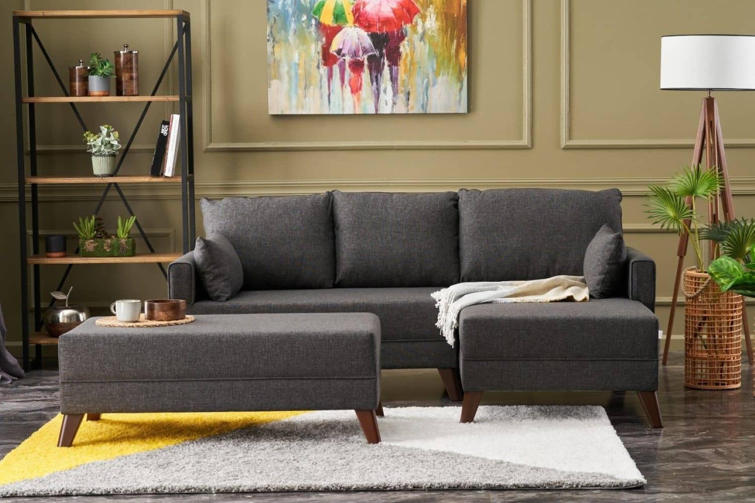 ECKSOFA mit Hocker als Schlaffläche, perfekt für kleine Räume - Anthrazit/Walnussfarben, Holz/Kunststoff (140/205cm) - myHomelando