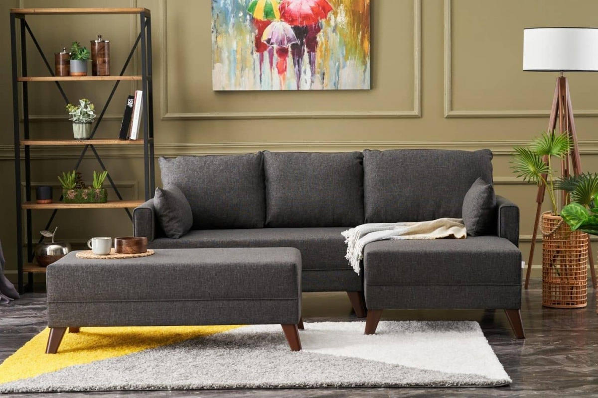 ECKSOFA mit Hocker als Schlaffläche, perfekt für kleine Räume - Anthrazit/Walnussfarben, Holz/Kunststoff (140/205cm) - myHomelando