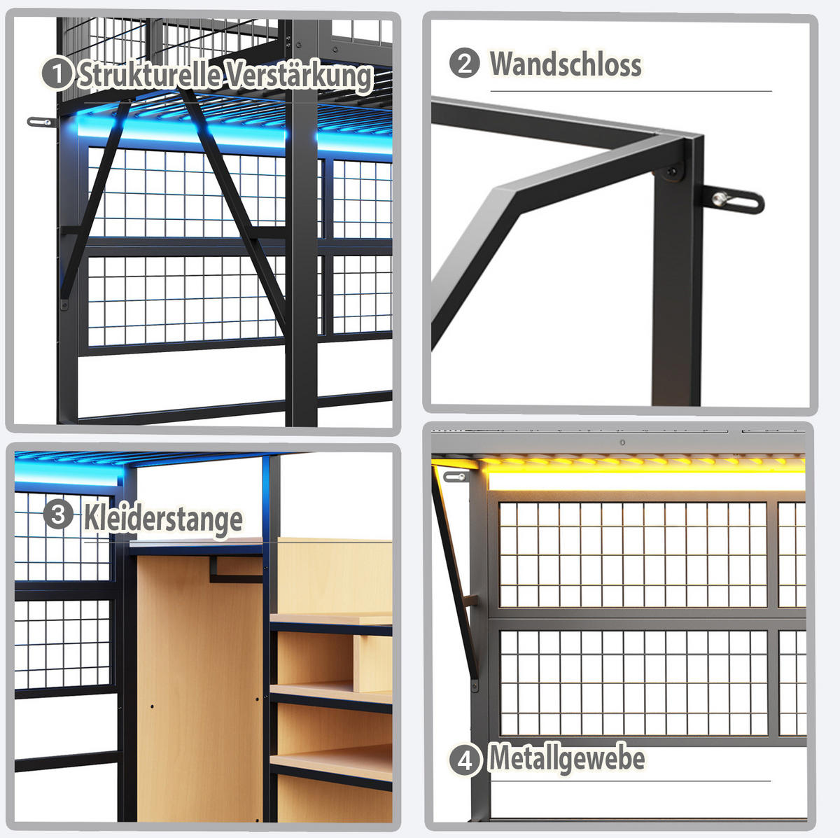 HOCHBETT 90/200 cm Schwarz aus MDF und Metall mit LED-Beleuchtung und Stauraum - Schwarz, Metall (90/200cm) - OKMYHOME