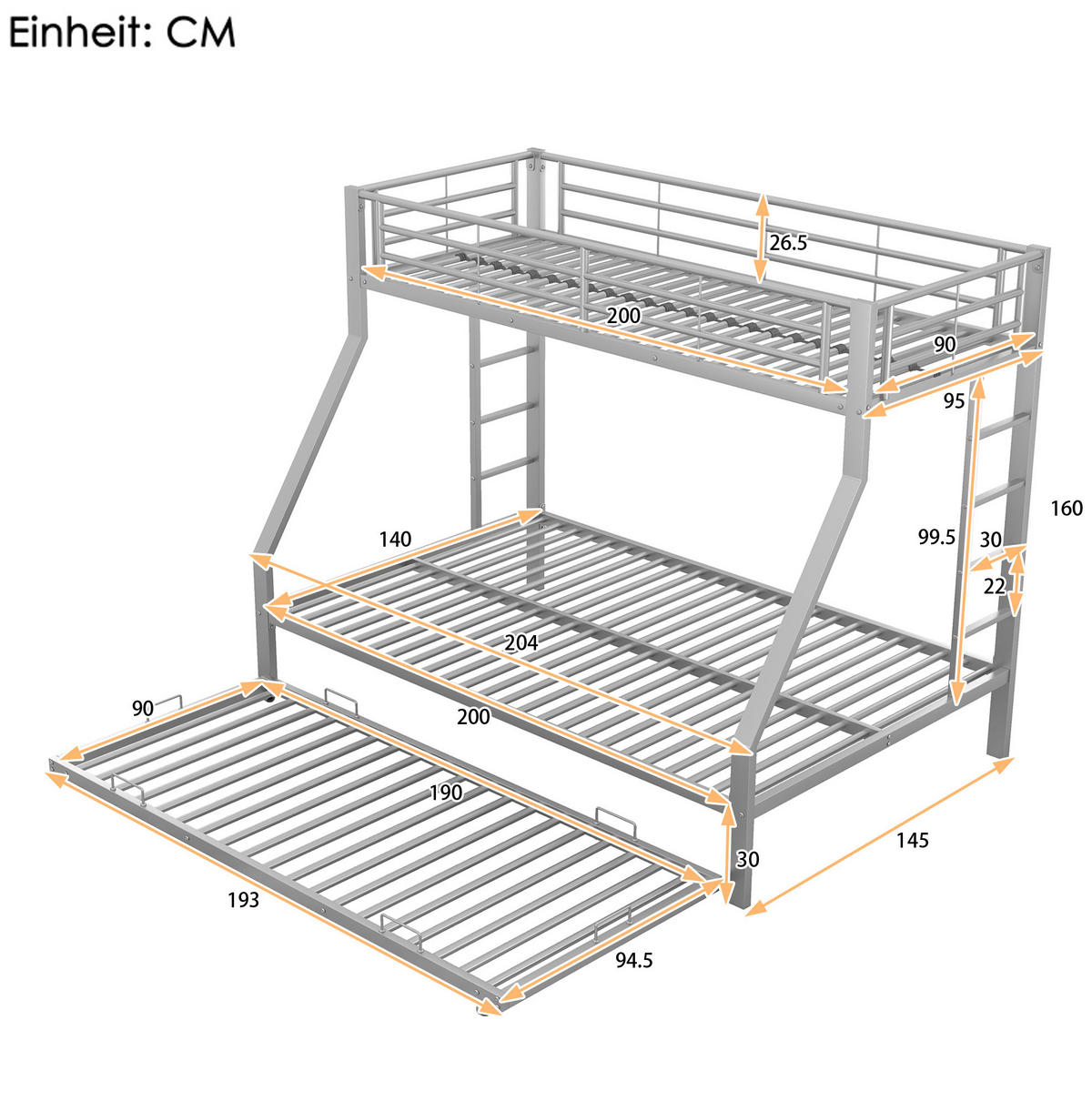 METALL-ETAGENBETT 90/140x200 cm in Silber mit Ausziehbett und Leitern auf beiden Seiten - Silberfarben, Metall (140/200cm) - IVMEU