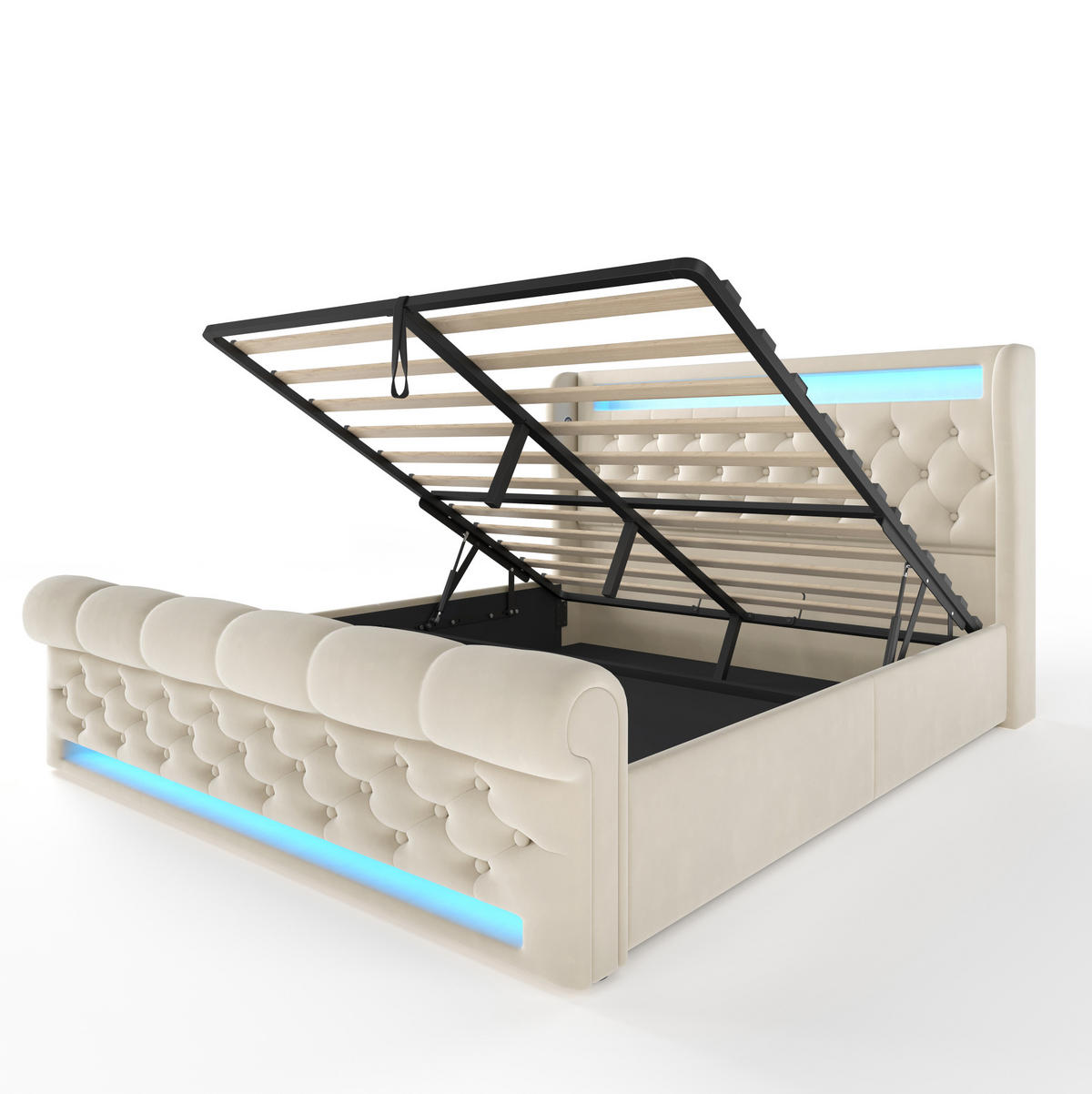 ČALÚNENÁ posteľ 140/200 cm s LED osvetlením, USB a Type-C nabíjaním, hydraulickým úložným priestorom a matracom, Béžová - béžová, textil (140/200cm) - Redom