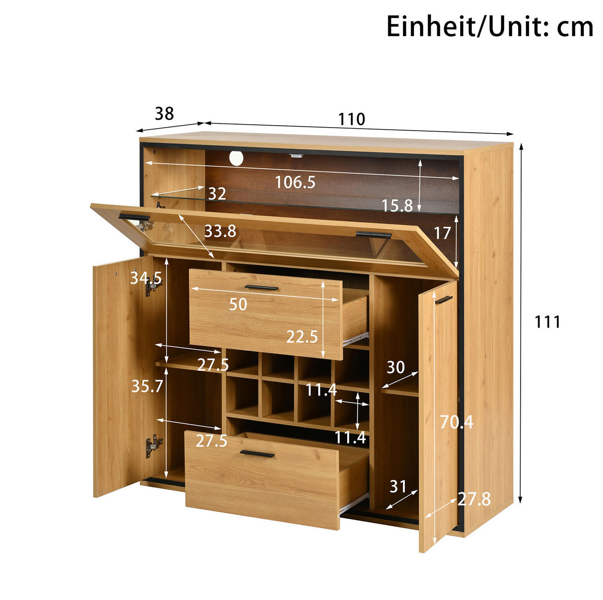 SIDEBOARD 110/38/111 cm in Natur/Schwarz mit Weinregalen und LED-Beleuchtung - Naturfarben, Holzwerkstoff (110/111/38cm) - Flora Grace