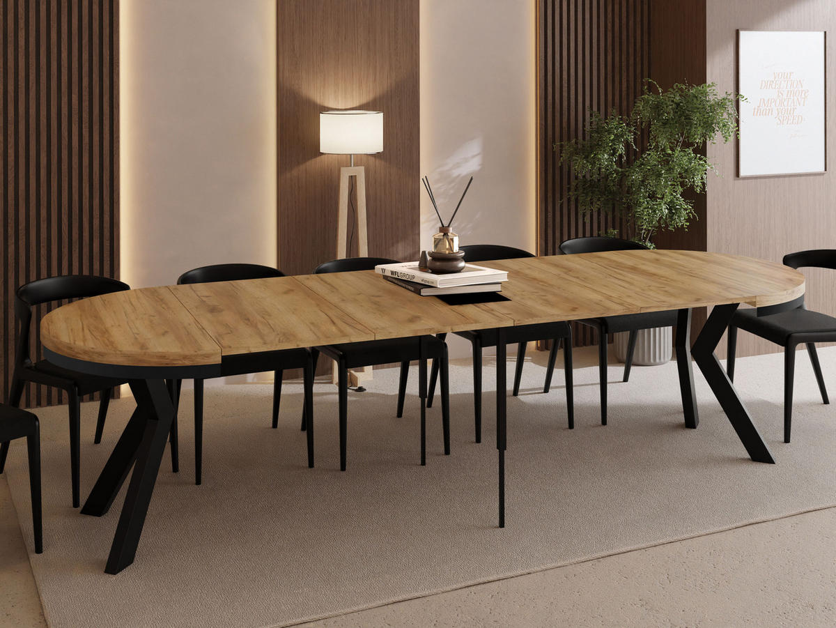 ESSTISCH Savio Neo rund ausziehbar verlängerbar XXL, Eiche Braun 100-300/100/77 cm - Eiche Wotan/Schwarz, Holz/Holzwerkstoff (100/100/77cm) - WFL GROUP