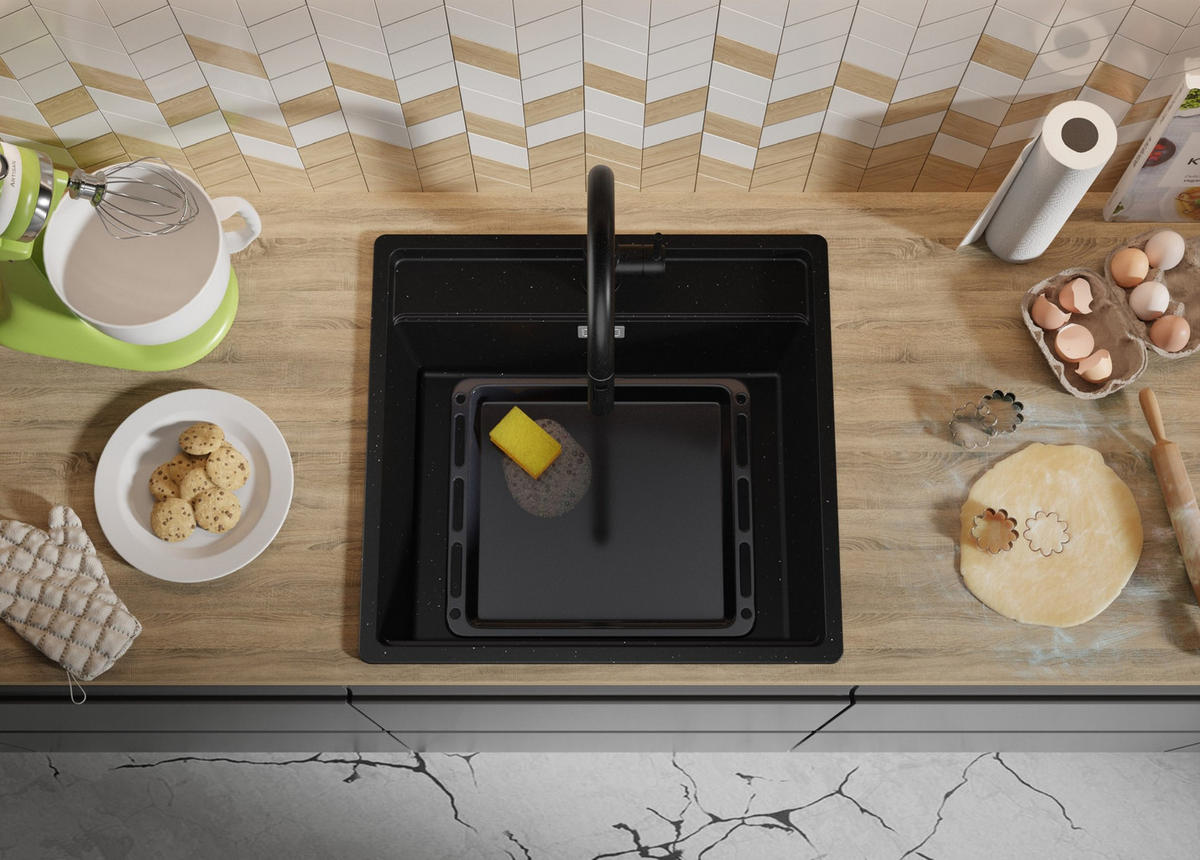 SPÜLBECKEN Bergen, 2-er set Schwarz Metallic 56/53 cm 1 Becken + Ablauf-Set + Schneidebrett ab 60er Unterschrank - Chromfarben/Schwarz Hochglanz, Kunststoff (56/20/53cm) - Primagran