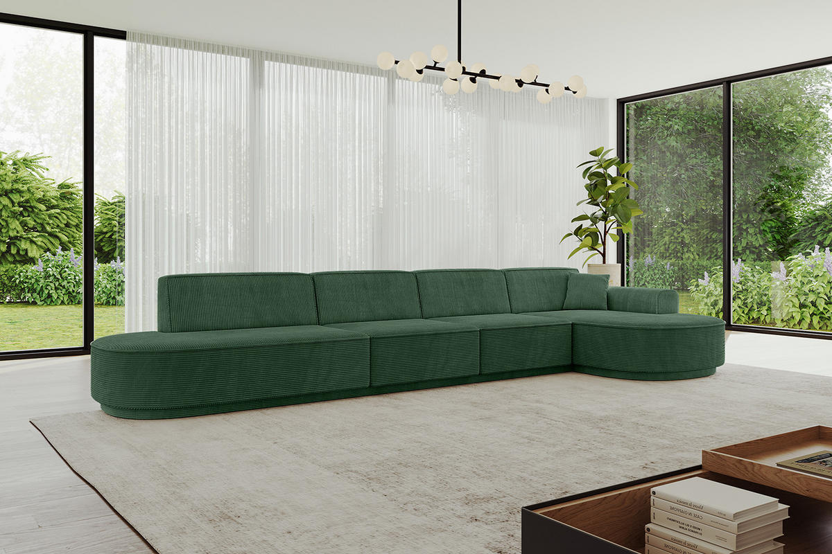 ECKSOFA Ottomane Rechts MARI-L3-v3 - 402x163x81 cm Grün Cord - Schwarz/Grün, Holzwerkstoff/Kunststoff (402/163cm) - ALTDECOR