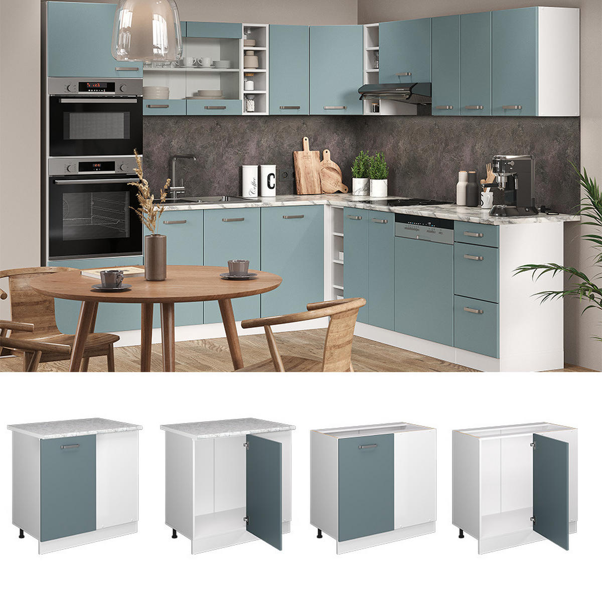 ECKUNTERSCHRANK R-Line Blau-Grau 86 cm, AP Marmor - Blaugrau/Weiß, Holzwerkstoff (86/81.6/60cm) - Vicco
