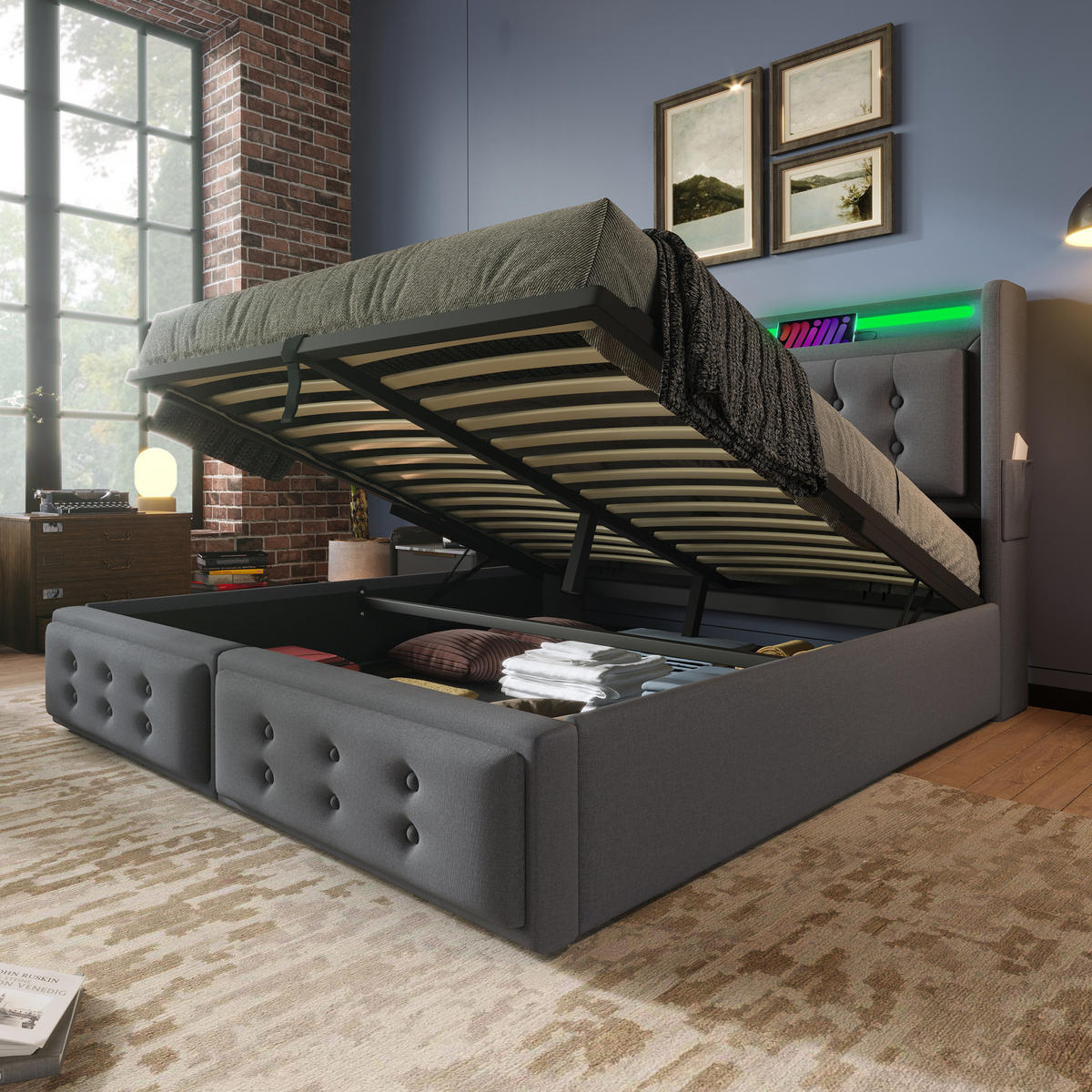 POLSTERBETT 140/200 cm Grau mit LED-Beleuchtung und USB-Anschlüssen aus Baumwolle - Grau, Textil (140/200cm) - OKWISH