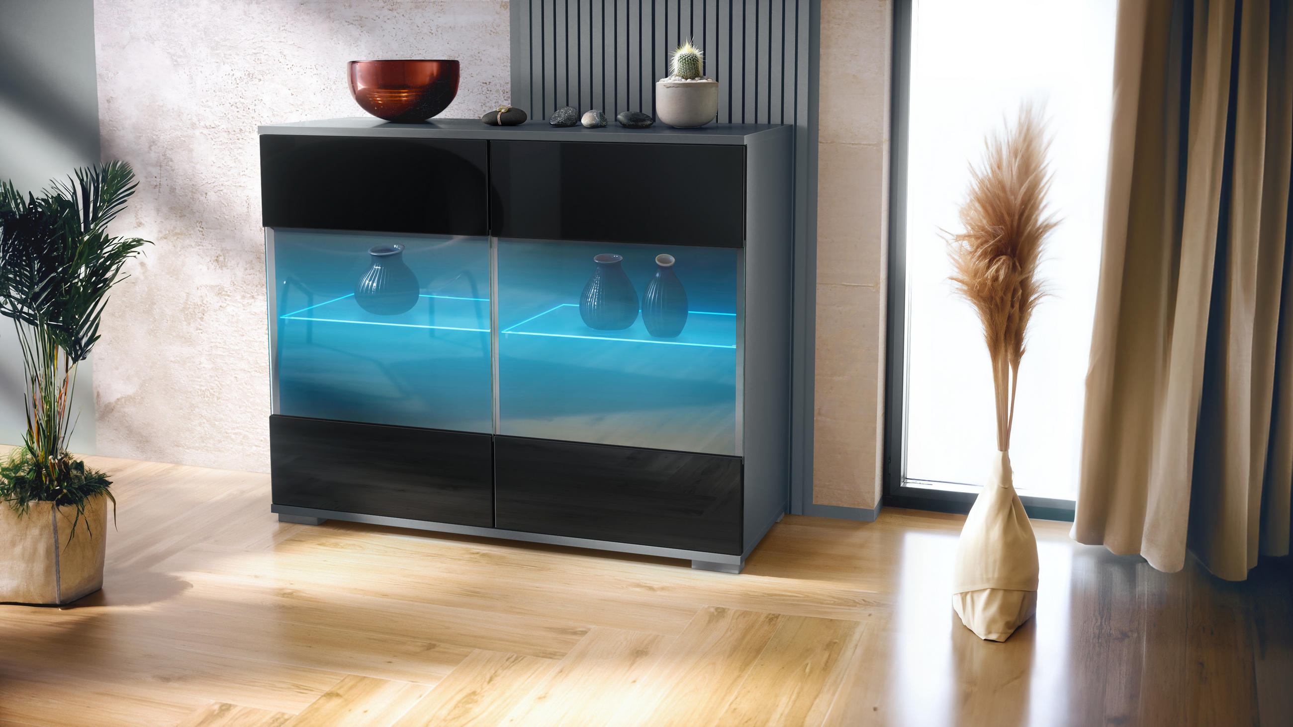 Thumbnail - Vladon Kommode, Schwarz Hochglanz, Holzwerkstoff, 92.5x75.5x35 cm, Wohnzimmer, Kommoden & Sideboards, Kommoden