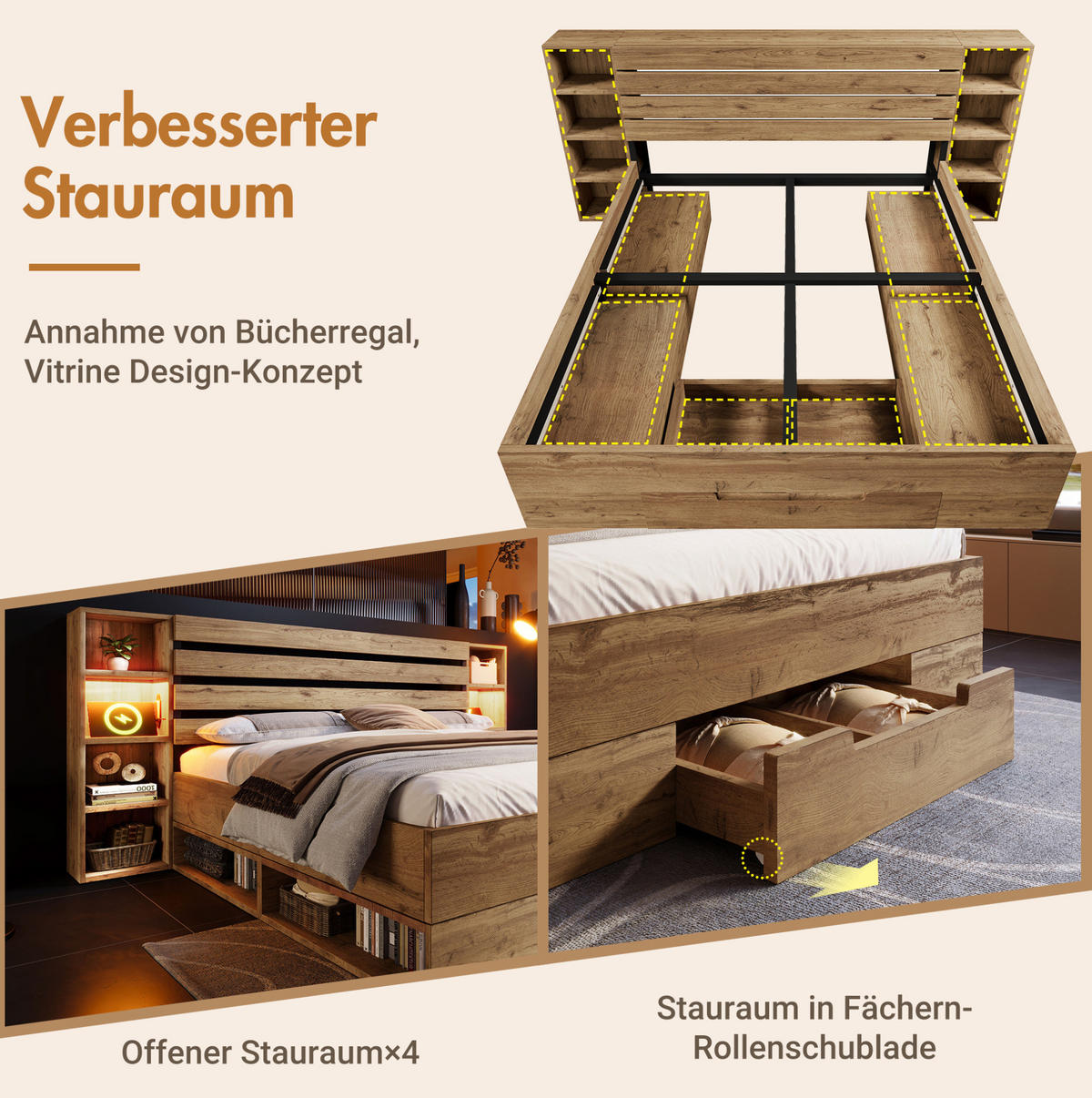 POLSTERBETT 180/200 cm Eiche aus Holz und Metall mit LED und Stauraum - Eichefarben, Metall (180/200cm) - OKMYHOME
