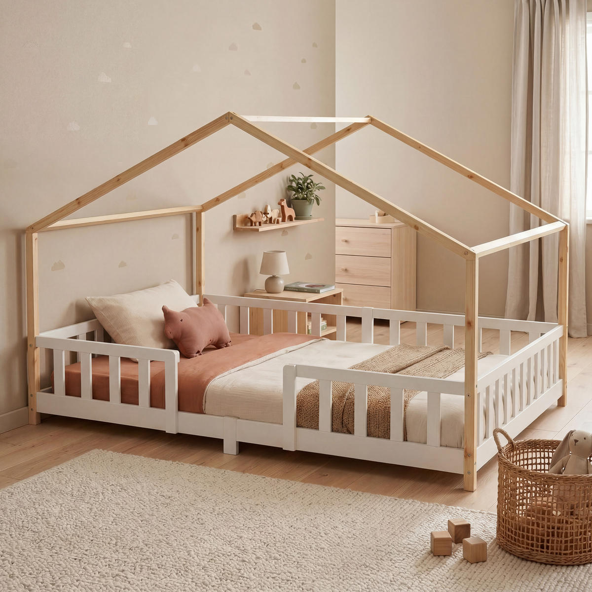 HAUSBETT Treviolo - Weiß/Naturfarben, Holz (140/200cm) - [en.casa]