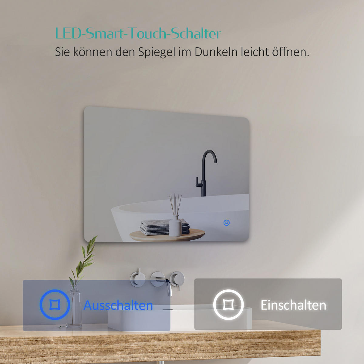 BADSPIEGEL mit Antibeschlag Touch-Bedienung Beleuchtung Rechteckig 80/60 cm - Weiß, Glas (60/3/80cm) - EMKE