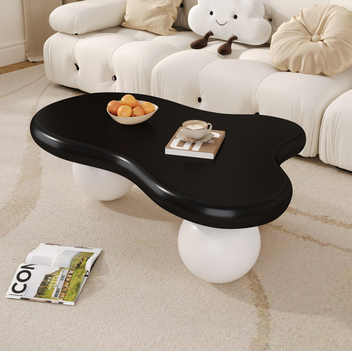 COUCHTISCH 95/62,5/32 cm mit LED-Beleuchtung, wolkenförmigem Design und MDF-Oberfläche, Schwarz/Weiß - Schwarz/Weiß, Holzwerkstoff (95/62.5/32cm) - Redom