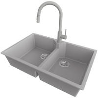 GRANITSPÜLE Madrid Twin, 2-er set Grau 78/50 cm 2 Becken + Küchenarmatur 40/20 cm + Ablauf-Set ab 80er Unterschrank - Chromfarben/Grau, Kunststoff (78/19/50cm) - Primagran