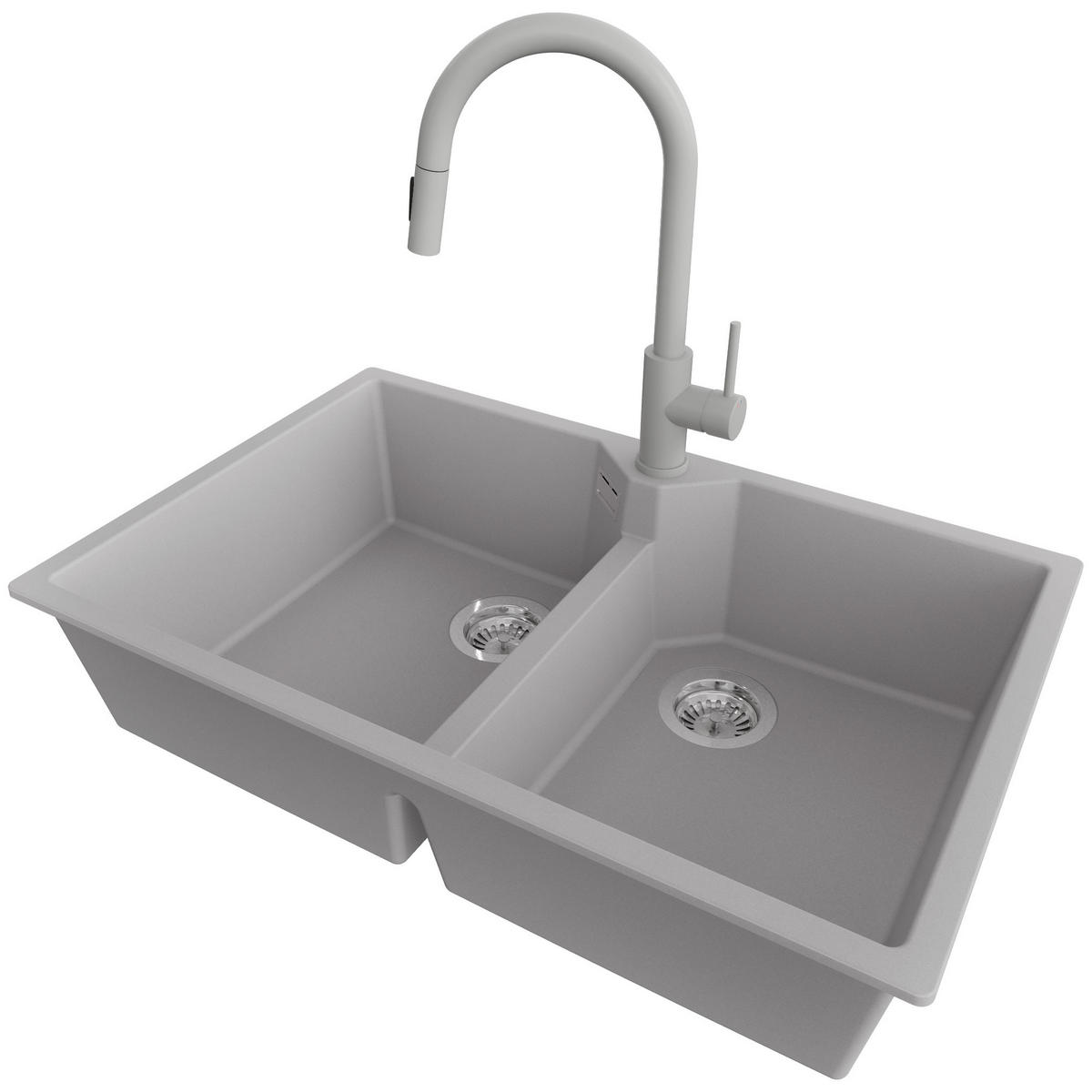 GRANITSPÜLE Madrid Twin, 2-er set Grau 78/50 cm 2 Becken + Küchenarmatur 40/20 cm + Ablauf-Set ab 80er Unterschrank - Chromfarben/Grau, Kunststoff (78/19/50cm) - Primagran