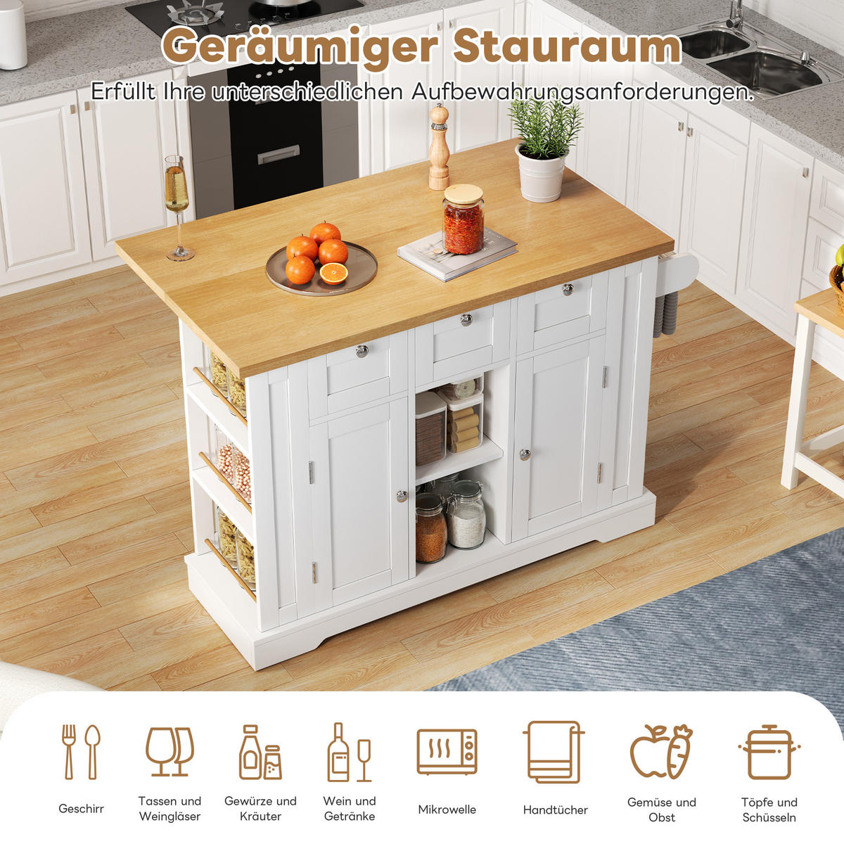 KÜCHENINSEL mit Stauraum, USB & Steckdosen, klappbare Arbeitsplatte - Weiß, Holzwerkstoff/Metall (132/87/70cm) - Urban Meuble