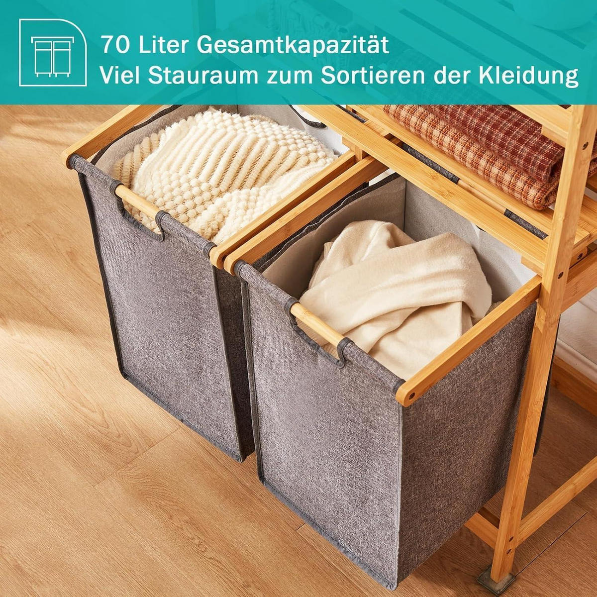 WÄSCHEKORB Bambus mit 2 Ablagen und 2 Wäschesäcken Grau 93 x 64 x 33 cm - Grau, Naturmaterialien (64/33/93cm)
