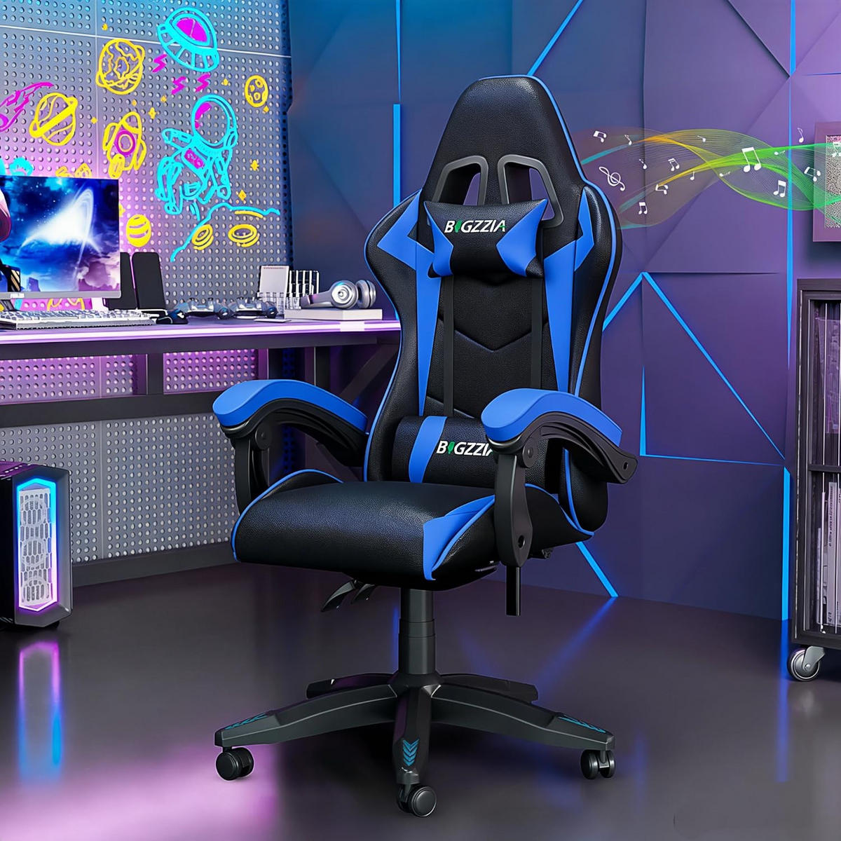 GAMINGSTUHL Schwarz-Blau mit Bluetooth Lautsprechern ergonomisch höhenverstellbar - Blau, Metall (66/124/58cm) - Rattrix