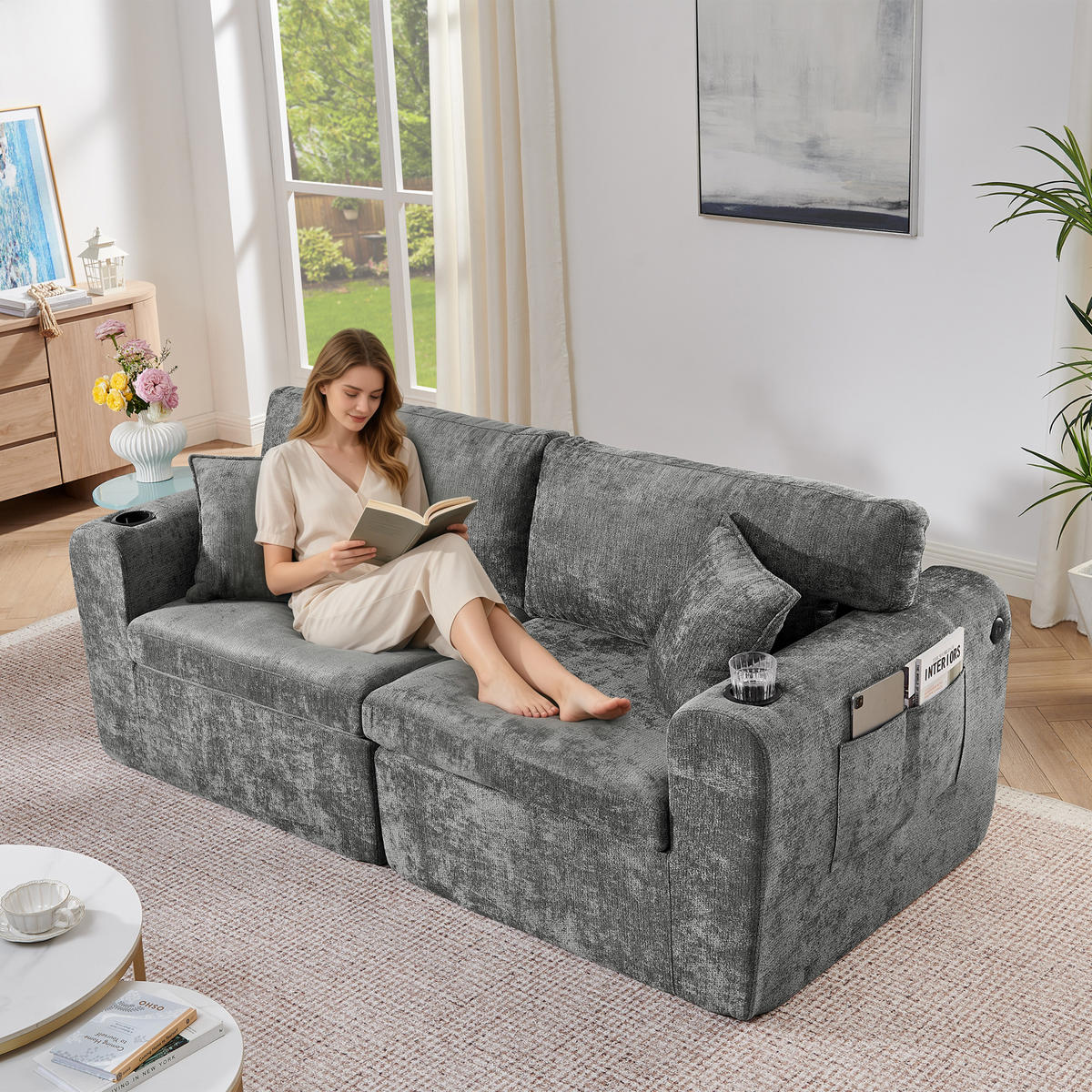 2-SITZER SOFA Chenille Gray mit USB-Ladefunktion, Magazintasche, Getränkehalter und Kissen - Grau, Textil (220/89/100cm) - WISHDOR