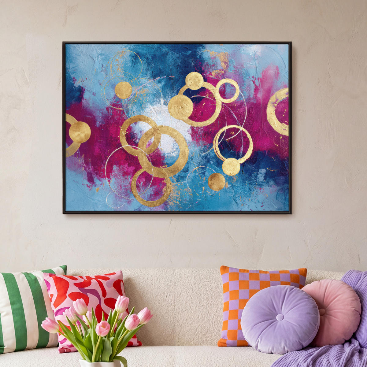 LEINWAND Bilder mit Rahmen - Kreise - Gold - Abstrakt - 100x70 - Blau, Textil (100/70cm) - MuchoWow
