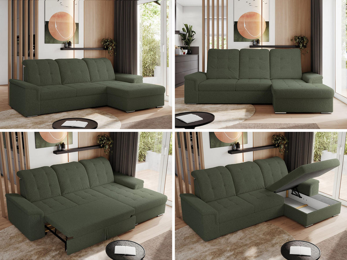 ECKSOFA MADRITO L - Grün Boucle - Rechts - Silberfarben/Grün, Textil/Metall (256/160cm)